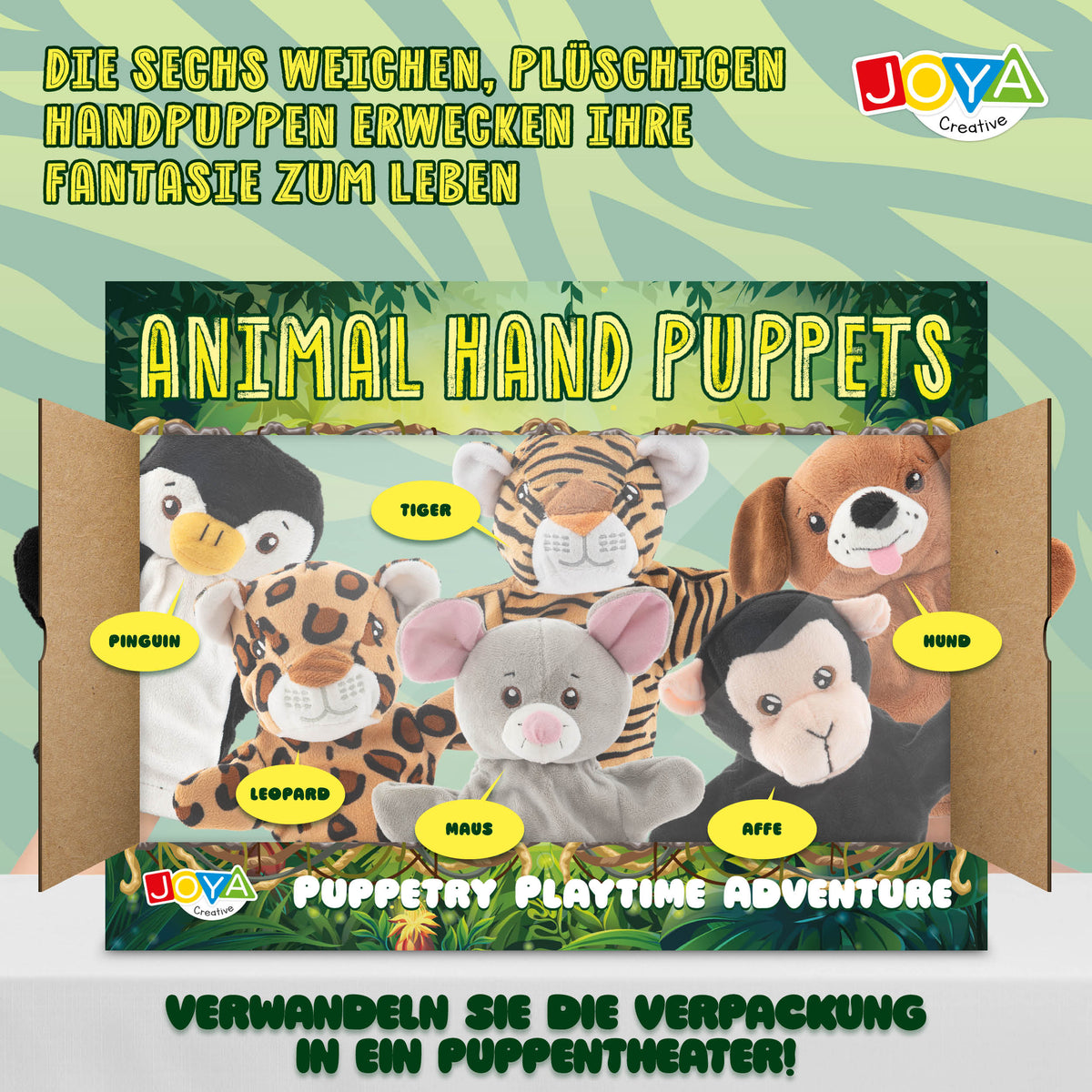 Joya Creative Handpuppen Set 6-teilig – Tier-Handpuppen mit Puppentheater für fantasievolles Rollenspiel