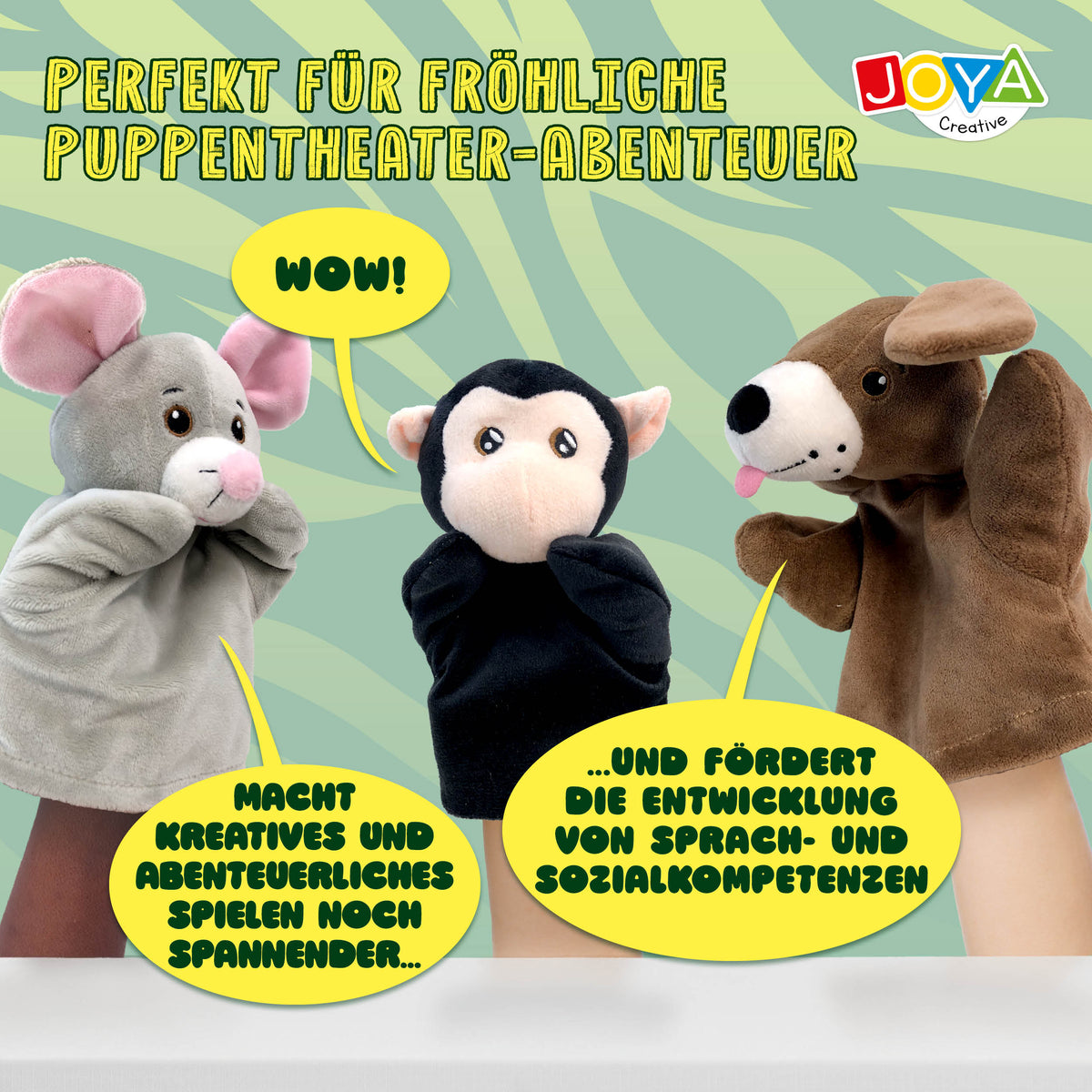 Joya Creative Handpuppen Set 6-teilig – Tier-Handpuppen mit Puppentheater für fantasievolles Rollenspiel