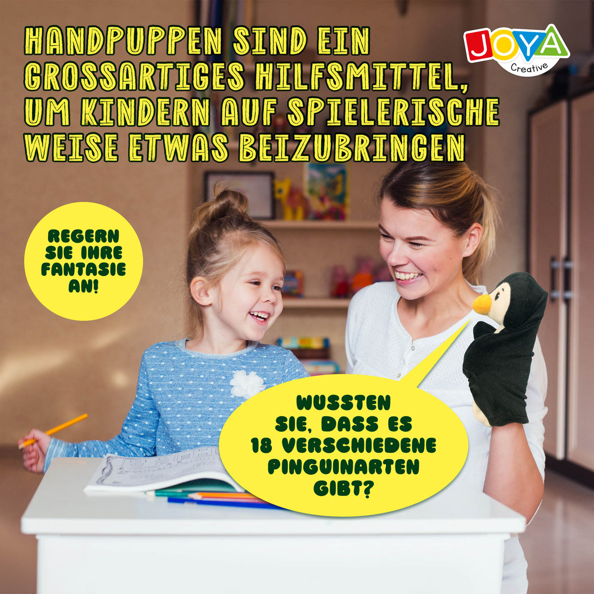 Joya Creative Handpuppen Set 6-teilig – Tier-Handpuppen mit Puppentheater für fantasievolles Rollenspiel