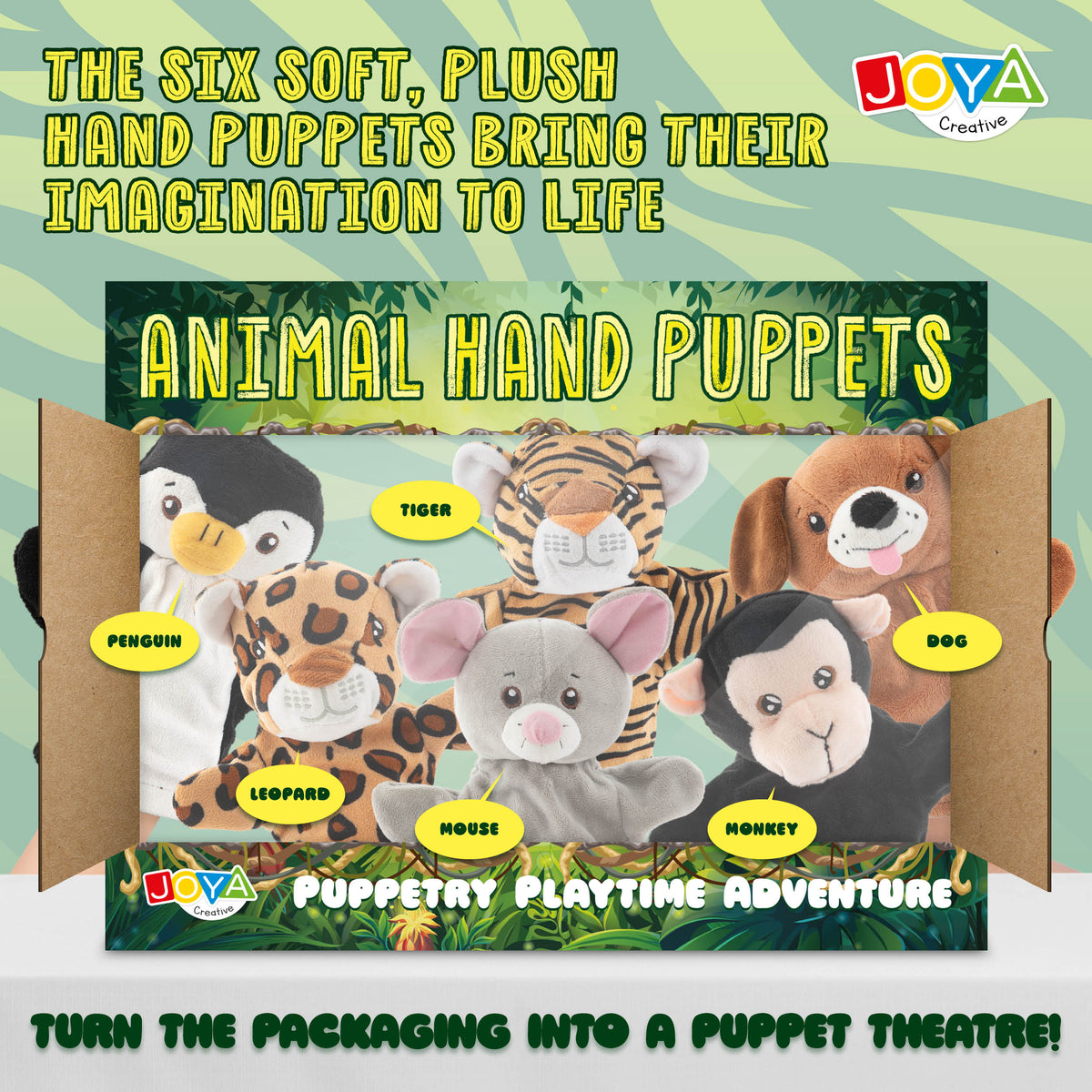Joya Creative Hand Puppet Set 6 Pieces – Animal Hand Puppets with Puppet Theatre for Imaginative Role Play