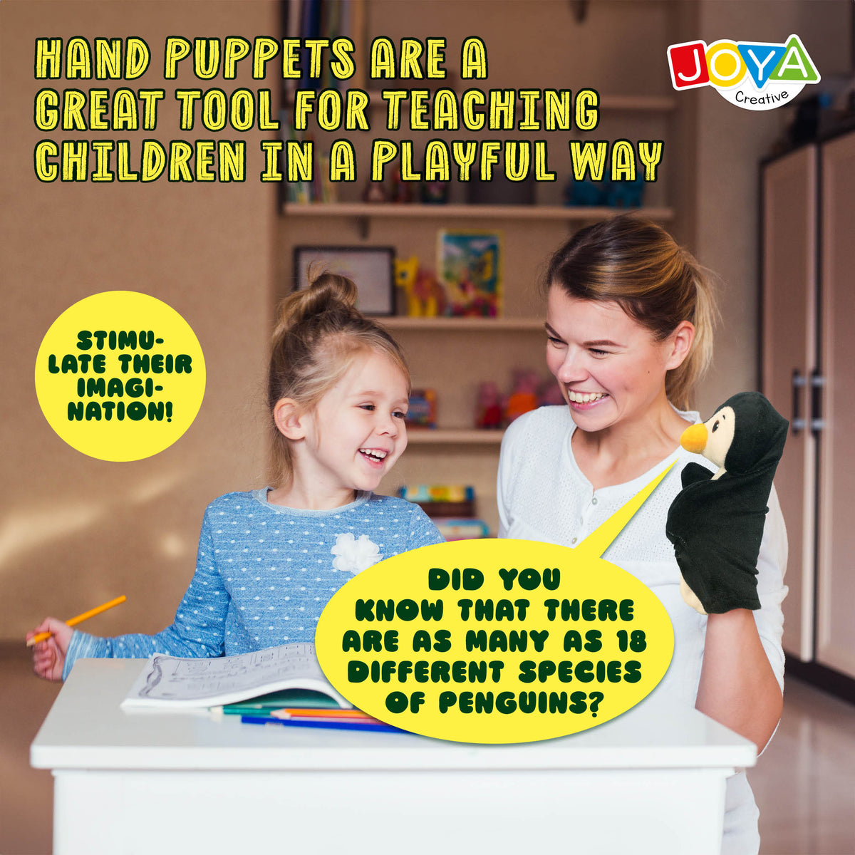 Joya Creative Hand Puppet Set 6 Pieces – Animal Hand Puppets with Puppet Theatre for Imaginative Role Play