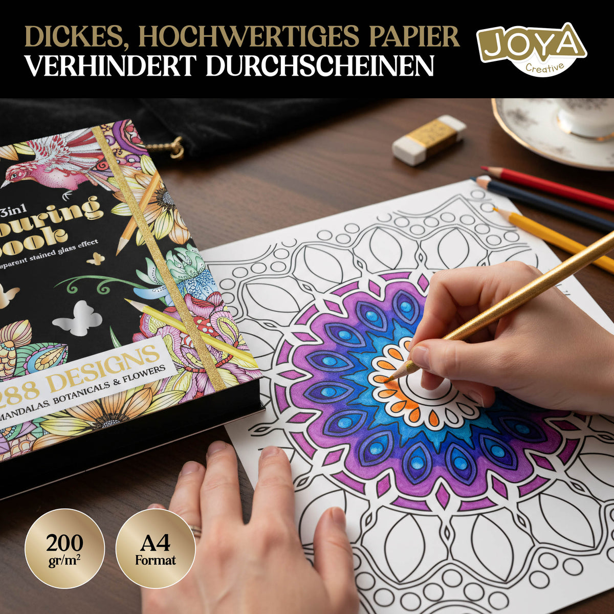 Joya Creative Luxe Malbuch für Erwachsene – 288 Ausmalbilder mit Folienprägung, Mandalas, Tieren & Botanischen Illustrationen