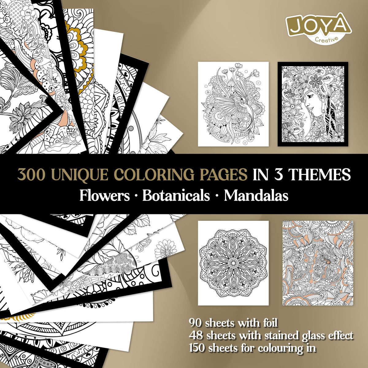 Joya Creative Luxe Adult Coloring Book – 288 Coloring Pages with Foil Print, Mandalas, Animals & Botanical Illustrations