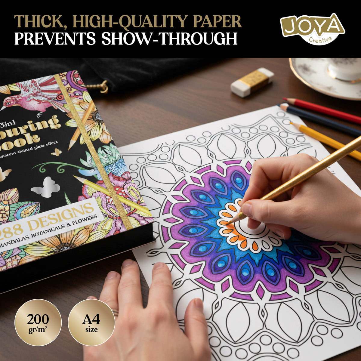 Joya Creative Luxe Adult Coloring Book – 288 Coloring Pages with Foil Print, Mandalas, Animals & Botanical Illustrations
