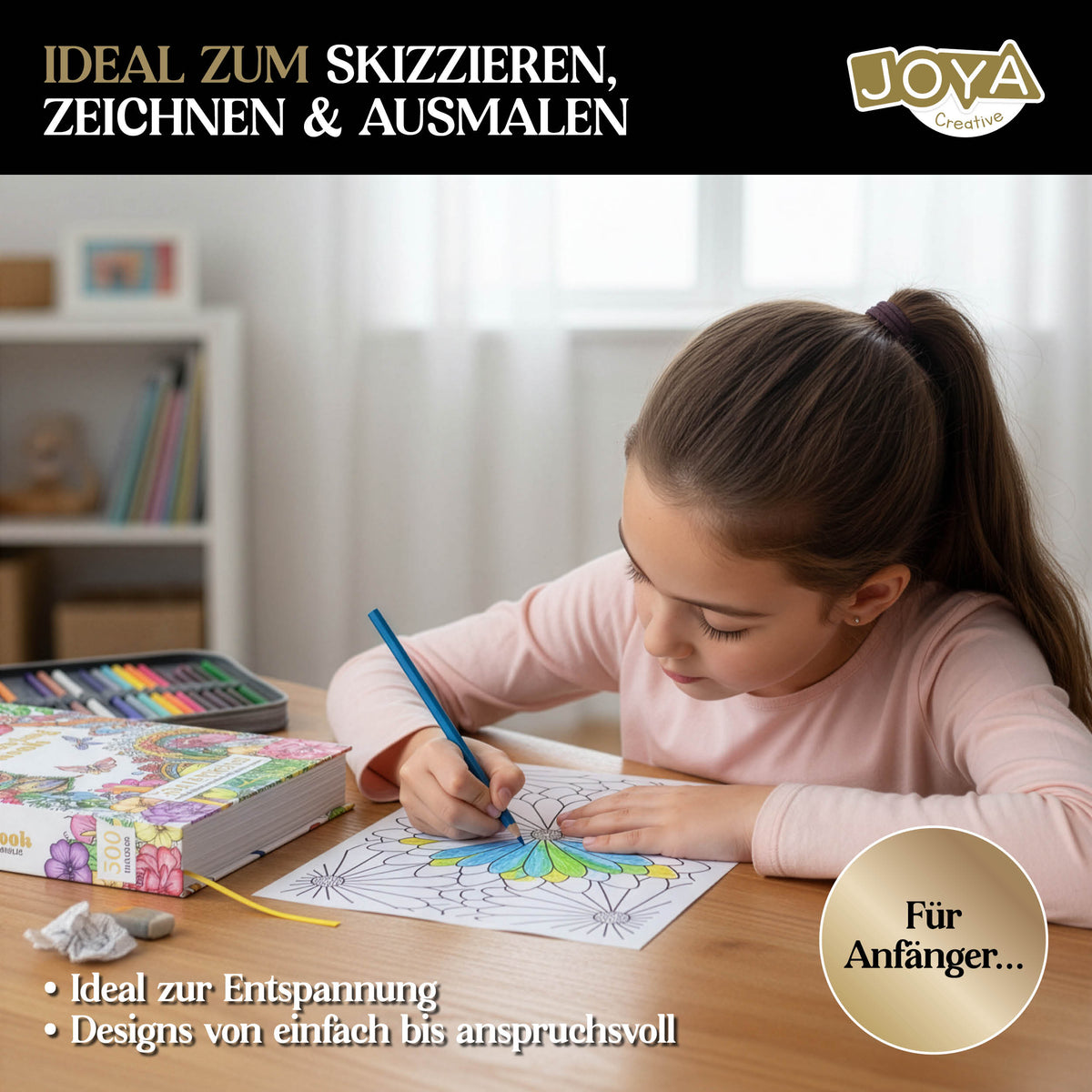 Joya Creative Luxe Malbuch für Erwachsene A4 – 300 Ausmalbilder mit Mandalas, Tieren & Botanischen Illustrationen