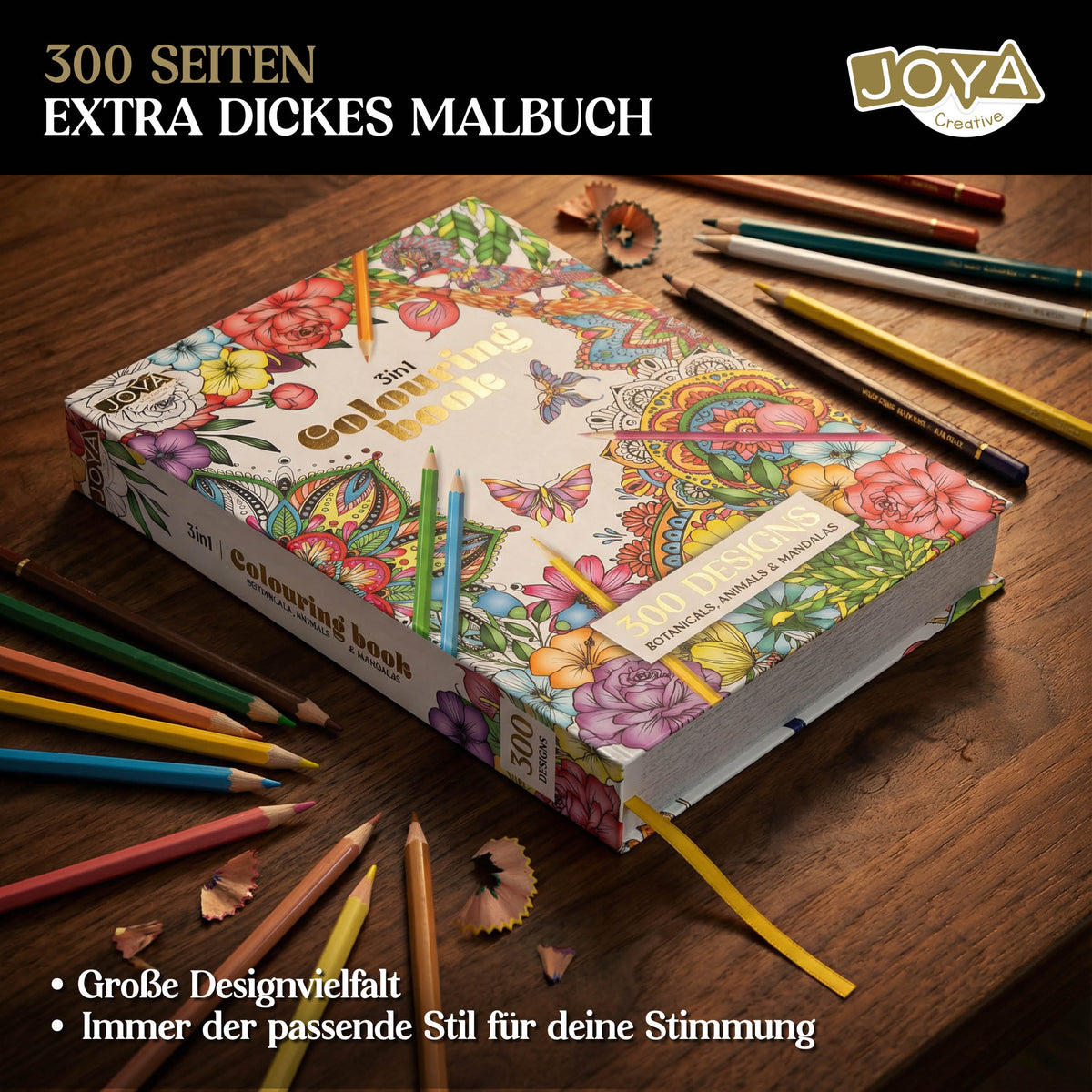 Joya Creative Luxe Malbuch für Erwachsene A4 – 300 Ausmalbilder mit Mandalas, Tieren & Botanischen Illustrationen
