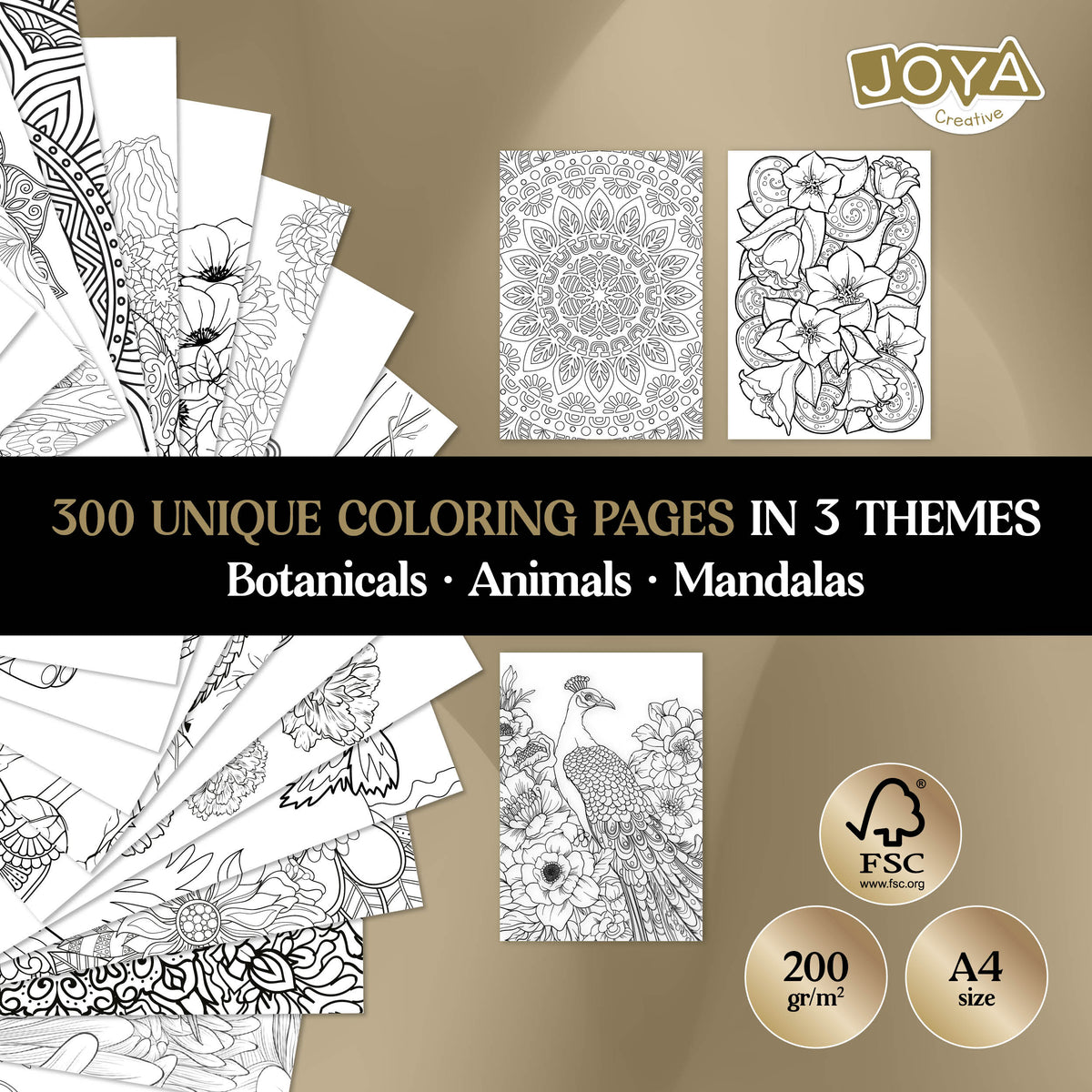 Joya Creative Luxe Adult Coloring Book A4 – 300 Coloring Pages with Mandalas, Animals & Botanical Illustrations