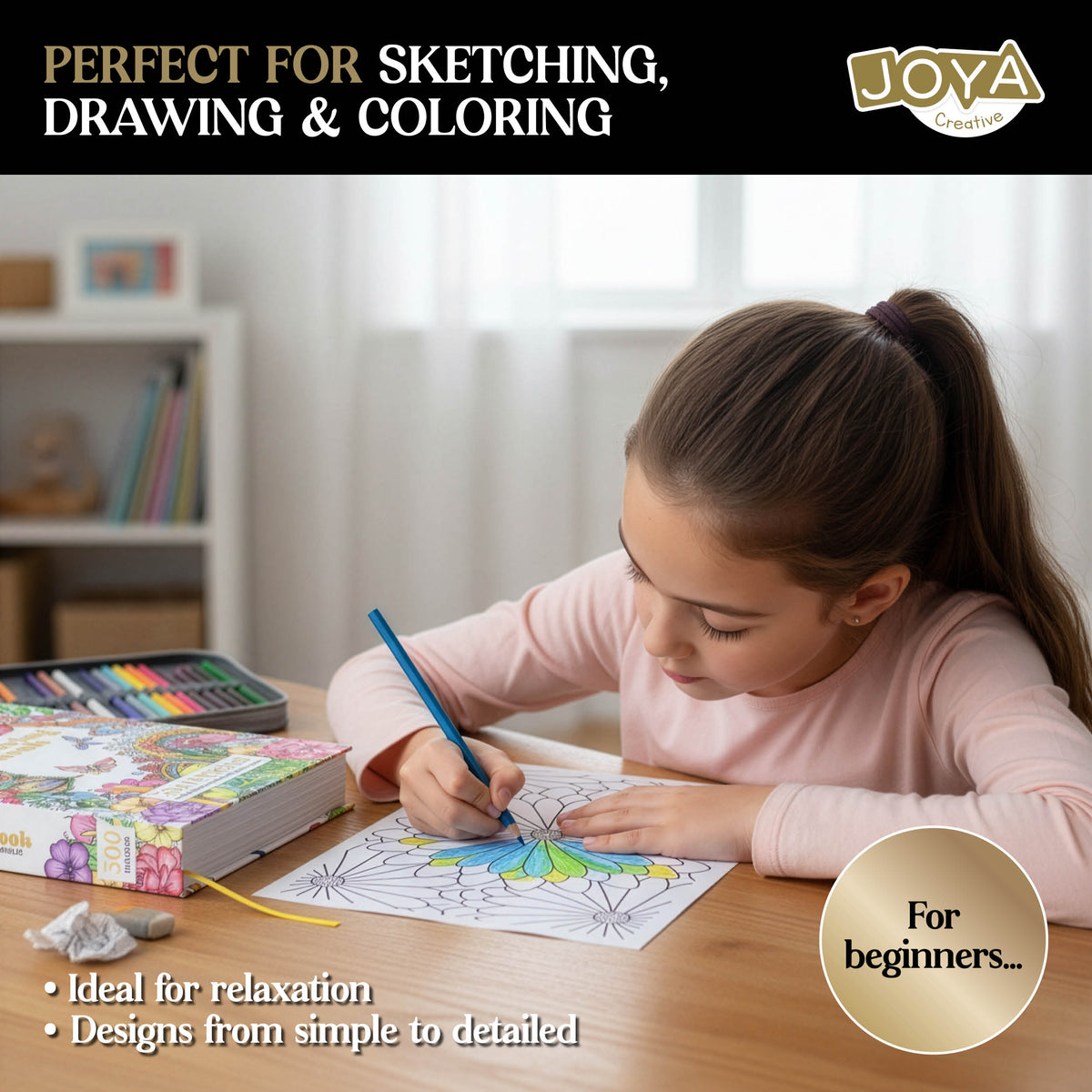 Joya Creative Luxe Adult Coloring Book A4 – 300 Coloring Pages with Mandalas, Animals & Botanical Illustrations