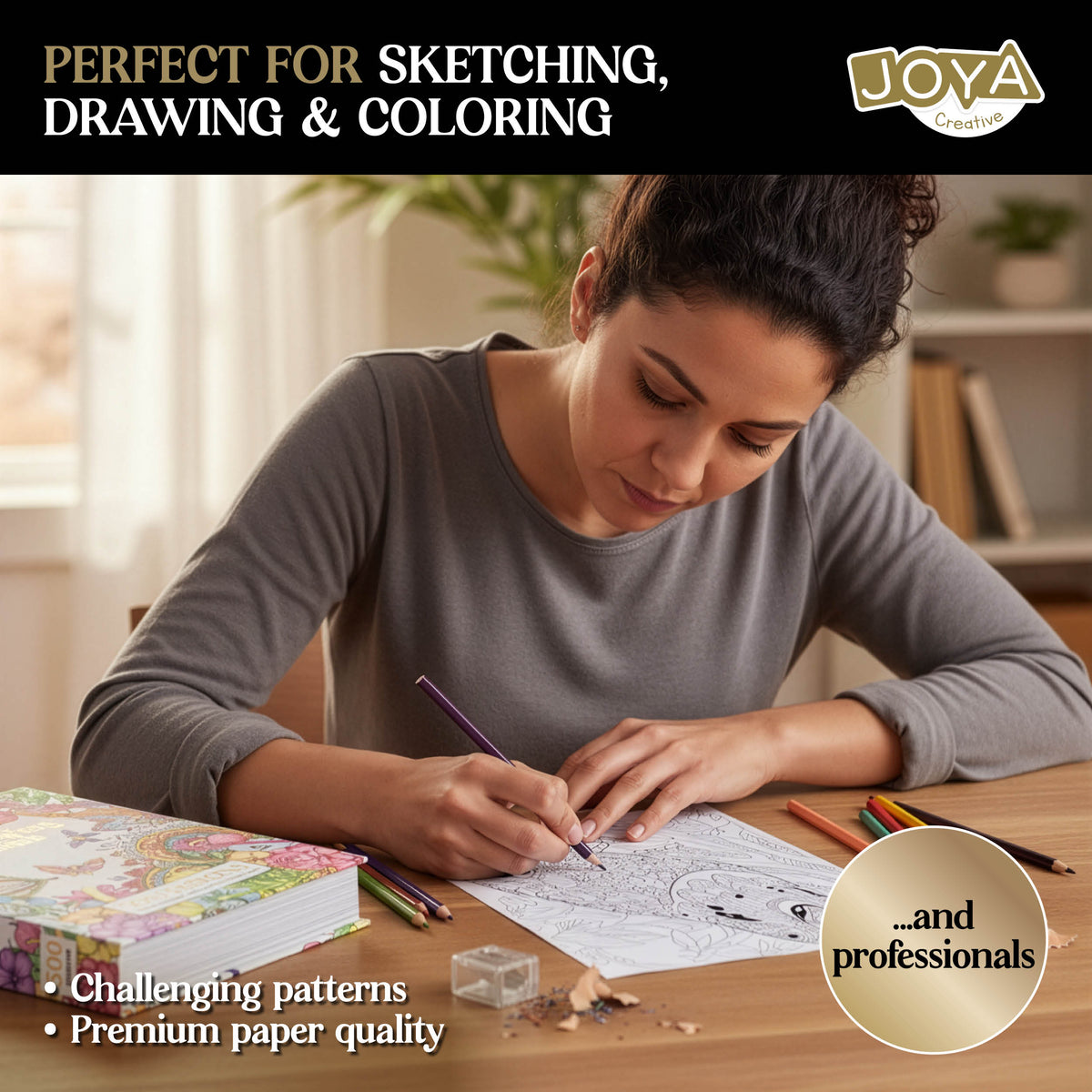 Joya Creative Luxe Adult Coloring Book A4 – 300 Coloring Pages with Mandalas, Animals & Botanical Illustrations