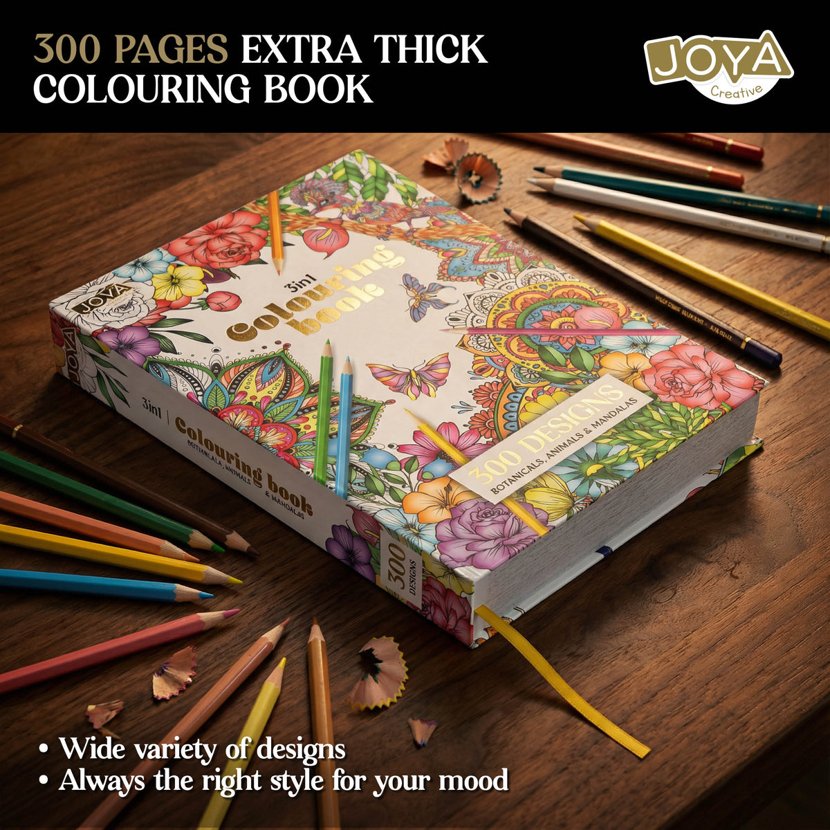 Joya Creative Luxe Adult Coloring Book A4 – 300 Coloring Pages with Mandalas, Animals & Botanical Illustrations