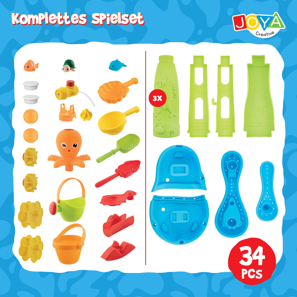 Joya Creative Wassertisch Blau Grün 34-teilig – Wasserspieltisch für Kinder mit Wasserfall und Zubehör