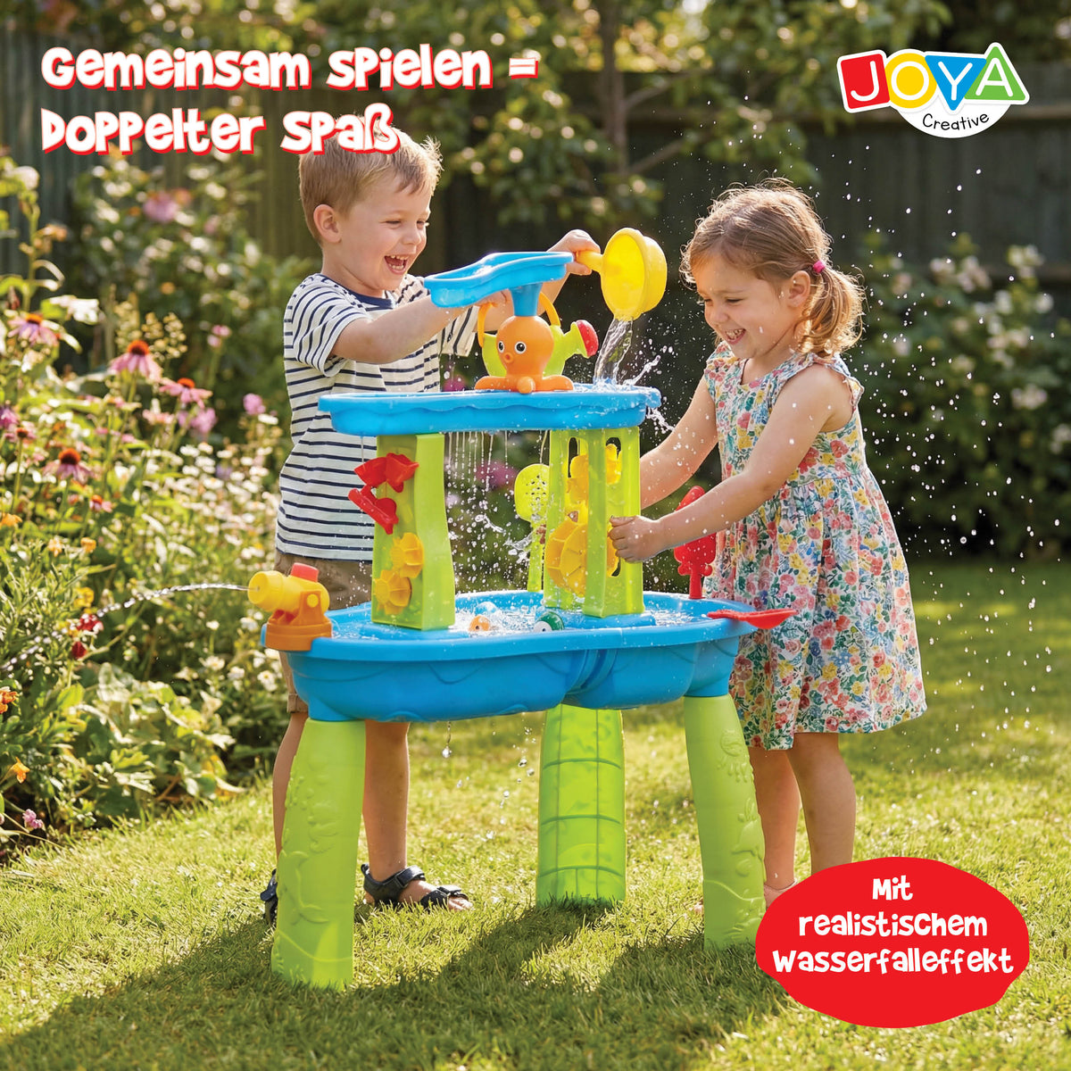 Joya Creative Wassertisch Blau Grün 34-teilig – Wasserspieltisch für Kinder mit Wasserfall und Zubehör