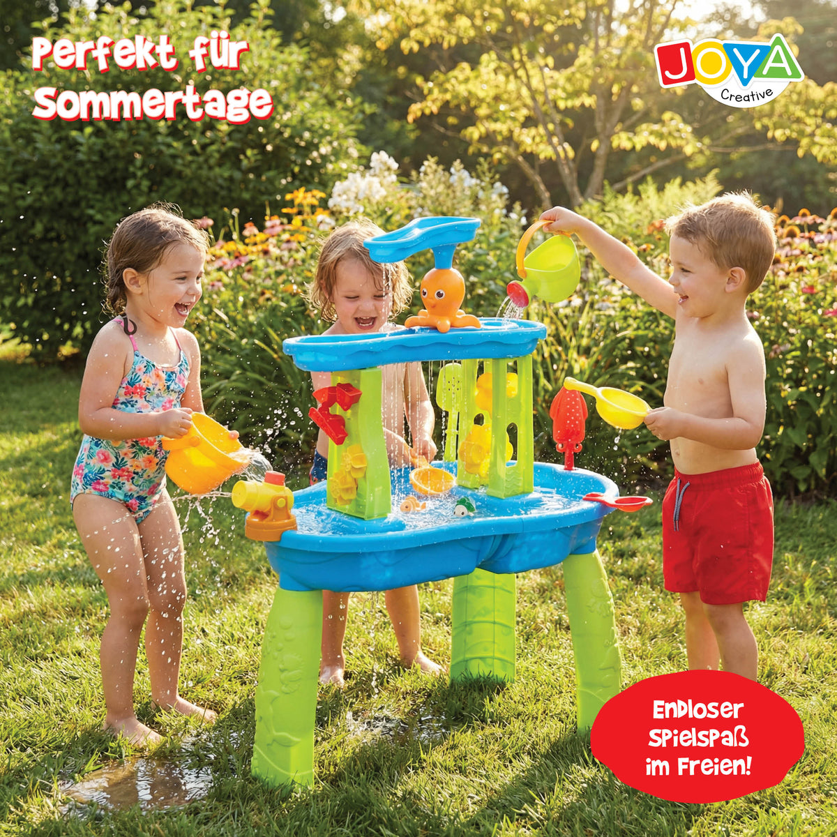 Joya Creative Wassertisch Blau Grün 34-teilig – Wasserspieltisch für Kinder mit Wasserfall und Zubehör