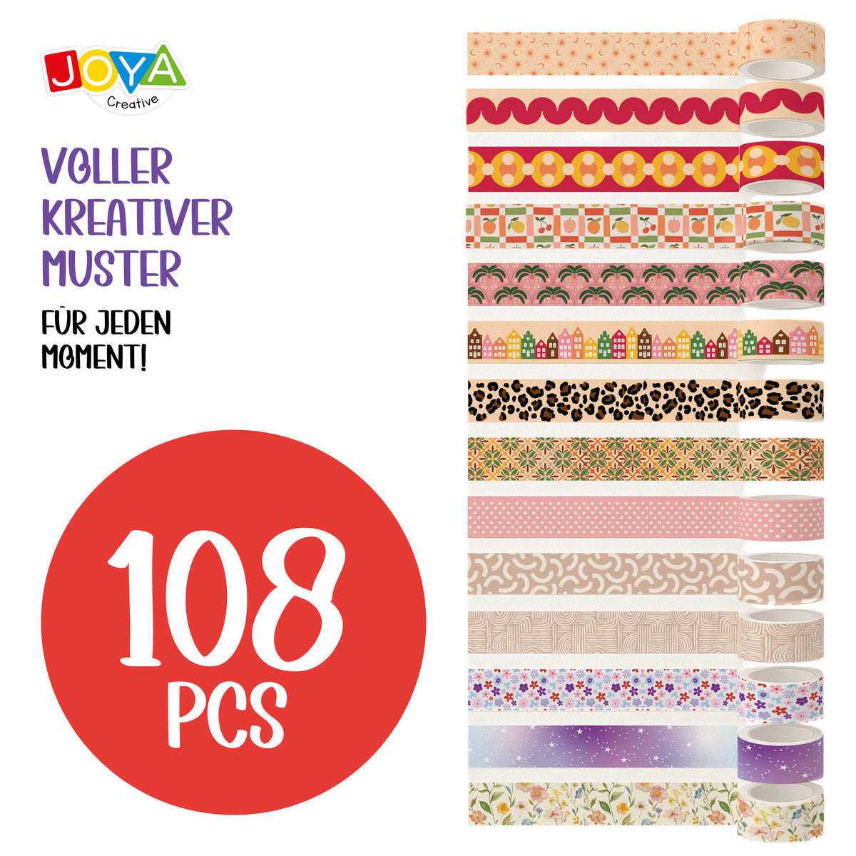 Joya Creative Washi Tape Mega Set 108-teilig – Bullet Journal, Scrapbooking und Journaling Zubehör