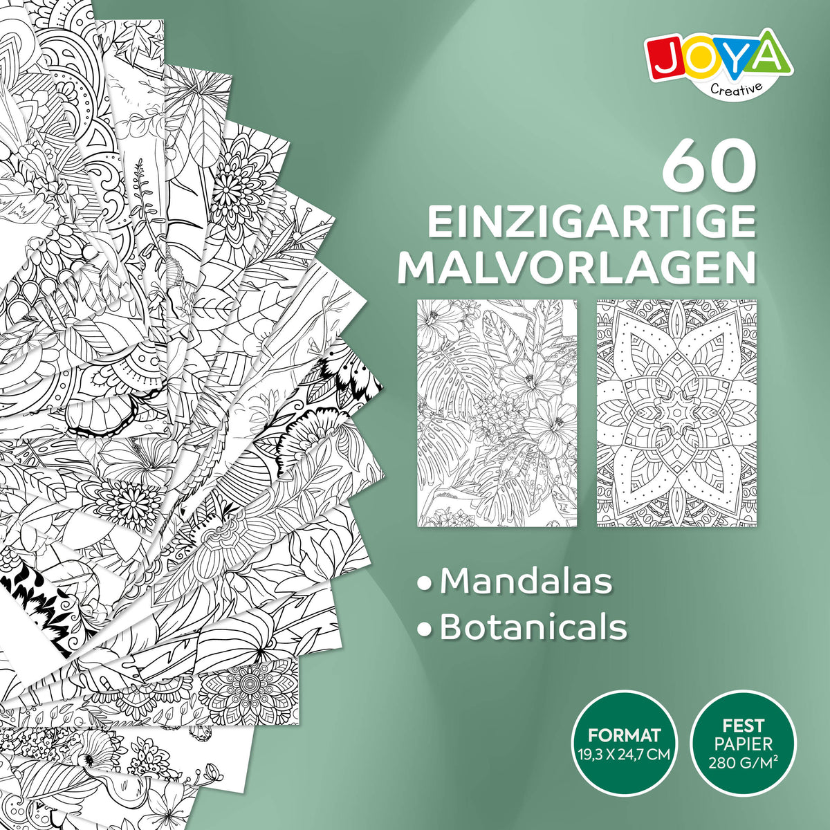 Joya Creative Luxe Malbuch für Erwachsene – 60 botanische und Mandala-Malvorlagen mit Spiralbindung und heraustrennbaren Seiten