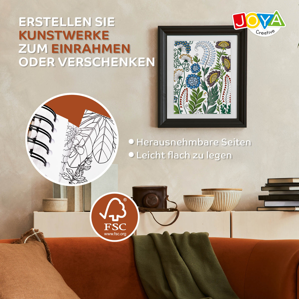 Joya Creative Luxe Malbuch für Erwachsene – 60 botanische und Mandala-Malvorlagen mit Spiralbindung und heraustrennbaren Seiten
