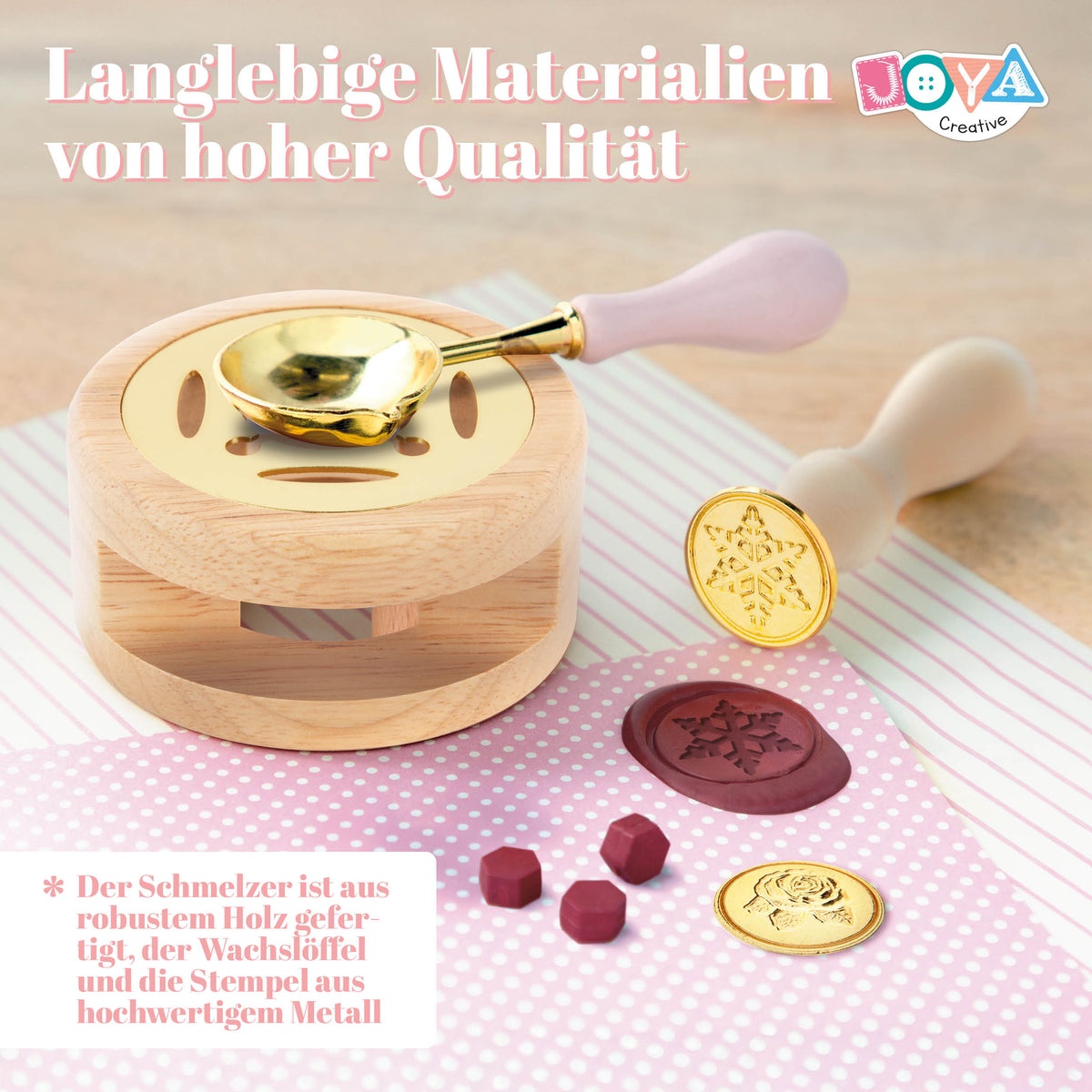 Joya Creative Luxe Wax Stempel Set – Komplettes Wachssiegel-Kit mit 12 Farben Wachsperlen, Stempeln und Umschlägen