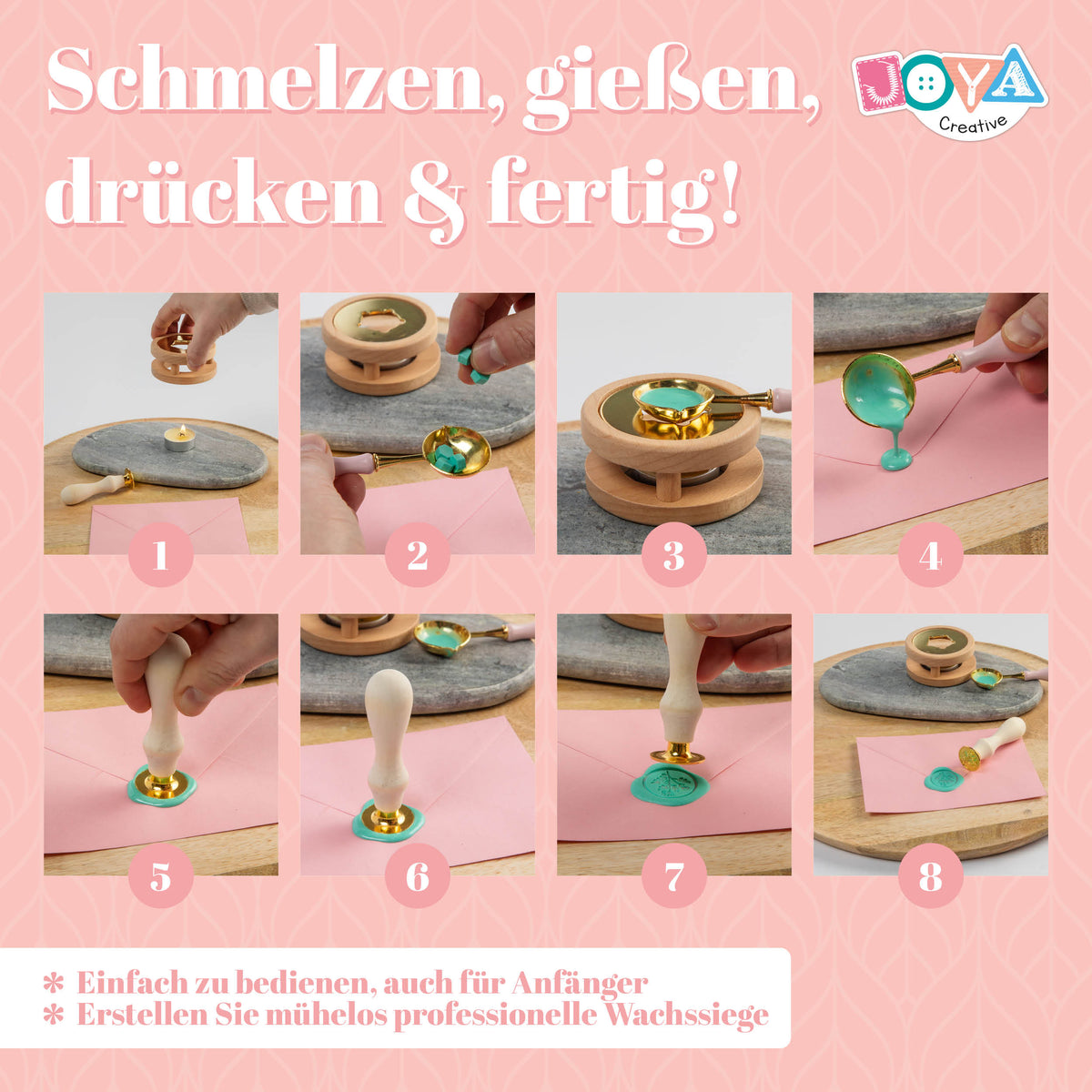 Joya Creative Luxe Wax Stempel Set – Komplettes Wachssiegel-Kit mit 12 Farben Wachsperlen, Stempeln und Umschlägen