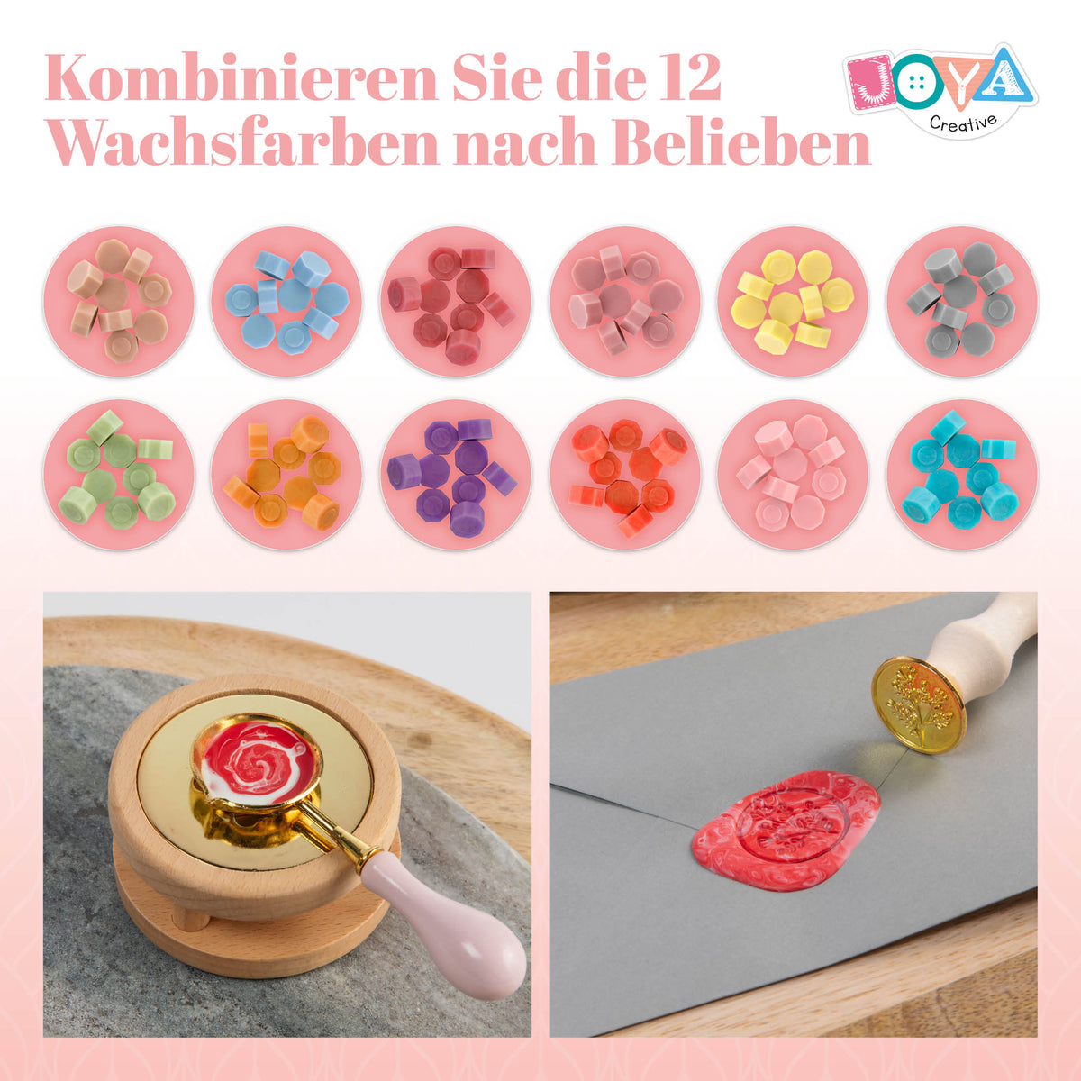Joya Creative Luxe Wax Stempel Set – Komplettes Wachssiegel-Kit mit 12 Farben Wachsperlen, Stempeln und Umschlägen
