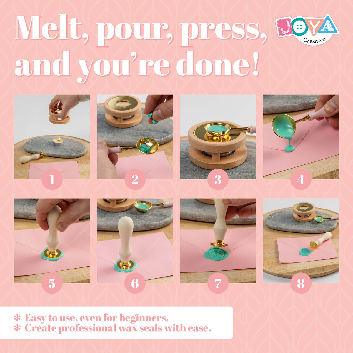 Joya Creative Luxe Wax Seal Stamp Set – Complete Wax Seal Kit with 12 Colors Wax Beads, Stamps and Envelopes