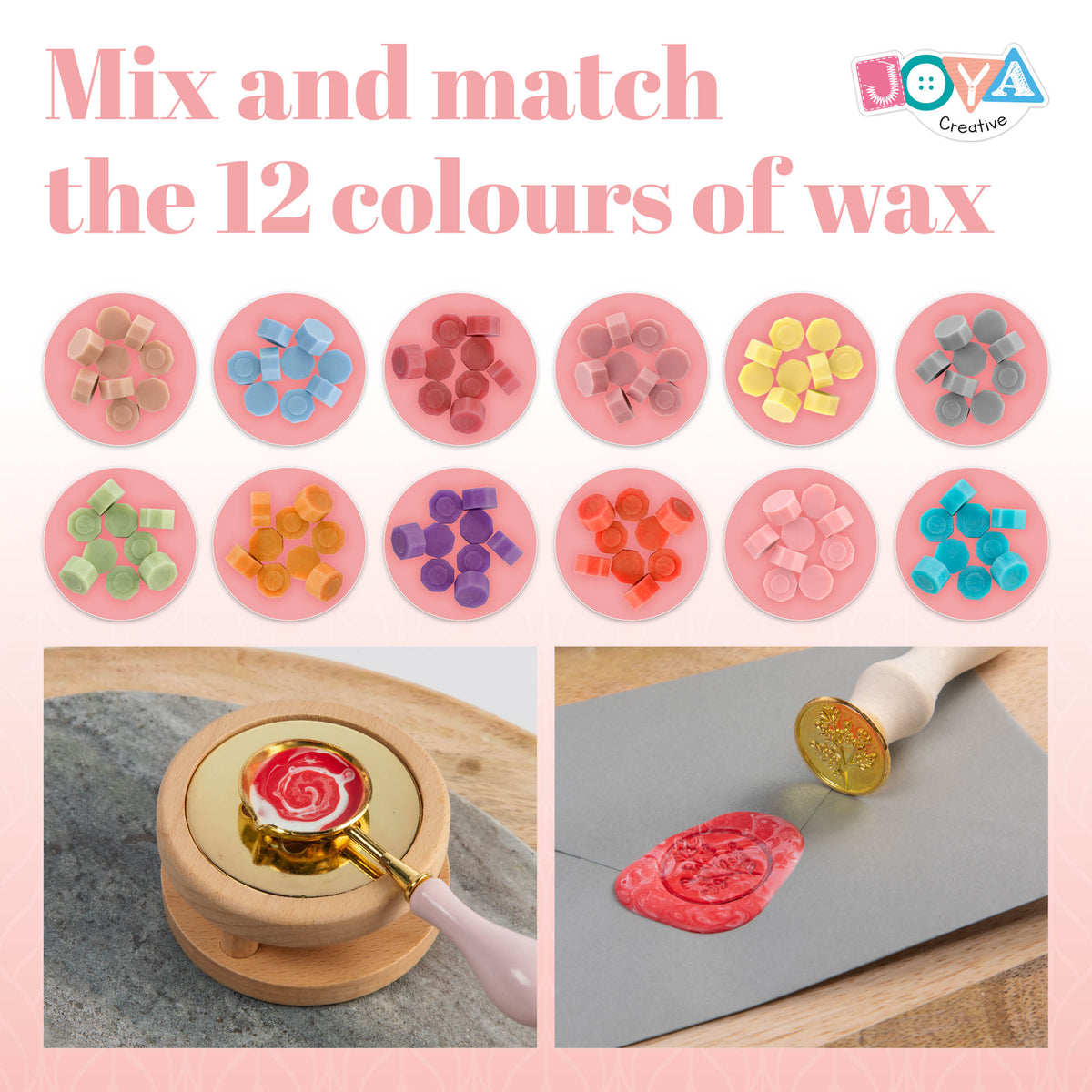Joya Creative Luxe Wax Seal Stamp Set – Complete Wax Seal Kit with 12 Colors Wax Beads, Stamps and Envelopes