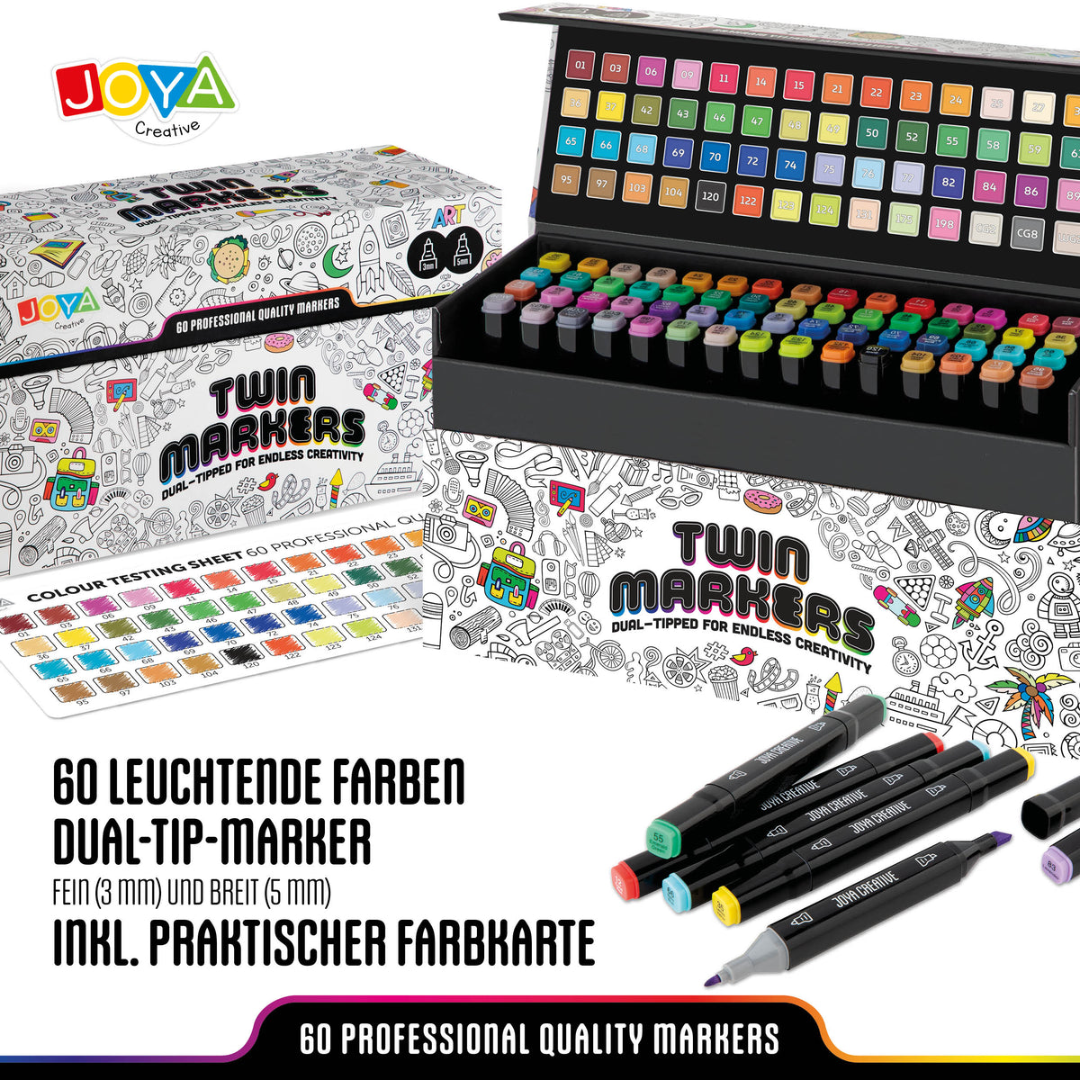 Joya Creative Twinmarkers Set 60 Stück - Alkoholmarker für Erwachsene und Kinder - Doppelseitige Stifte mit Luxus-Aufbewahrungskoffer