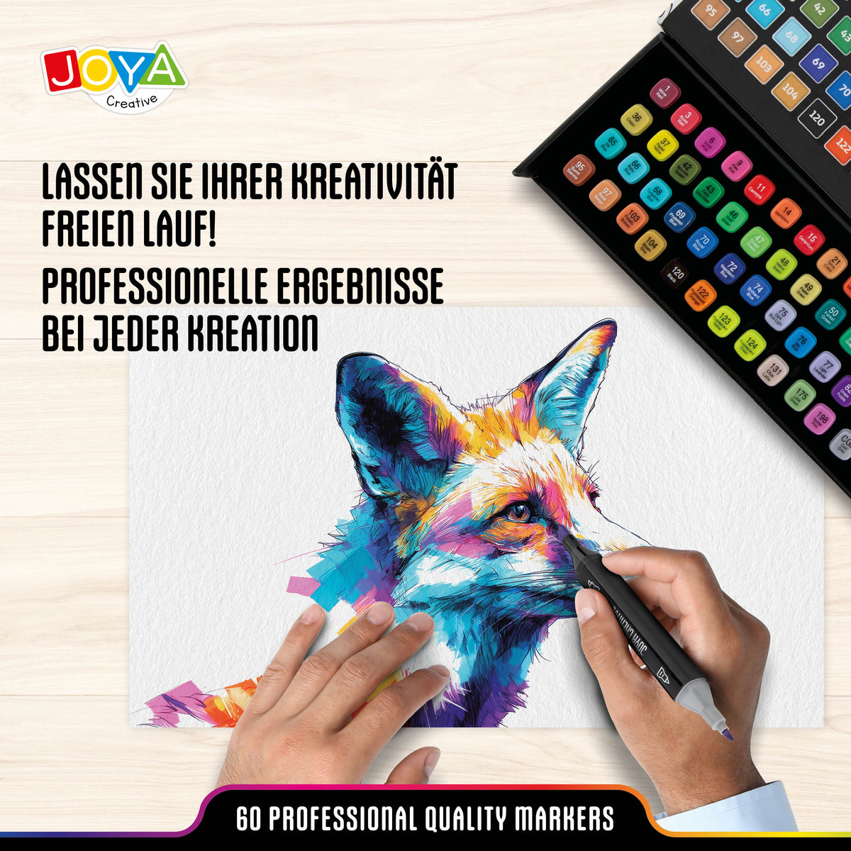 Joya Creative Twinmarkers Set 60 Stück - Alkoholmarker für Erwachsene und Kinder - Doppelseitige Stifte mit Luxus-Aufbewahrungskoffer