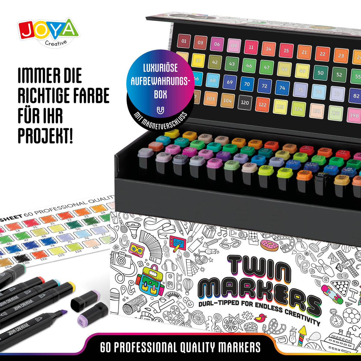 Joya Creative Twinmarkers Set 60 Stück - Alkoholmarker für Erwachsene und Kinder - Doppelseitige Stifte mit Luxus-Aufbewahrungskoffer