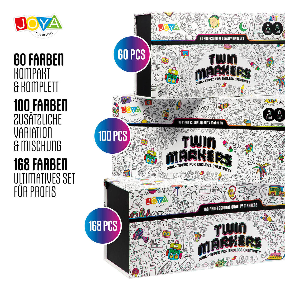 Joya Creative Twinmarkers Set 60 Stück - Alkoholmarker für Erwachsene und Kinder - Doppelseitige Stifte mit Luxus-Aufbewahrungskoffer