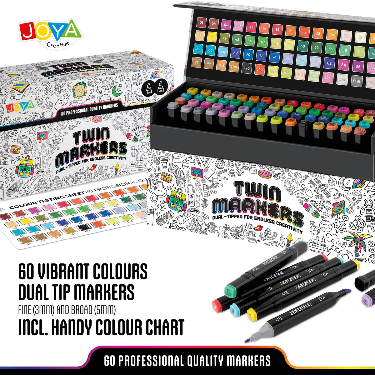 Joya Creative Twinmarkers Set 60 Pieces - Alcohol Markers for Adults and Children - Double-Sided Pens with Luxury Storage Case
