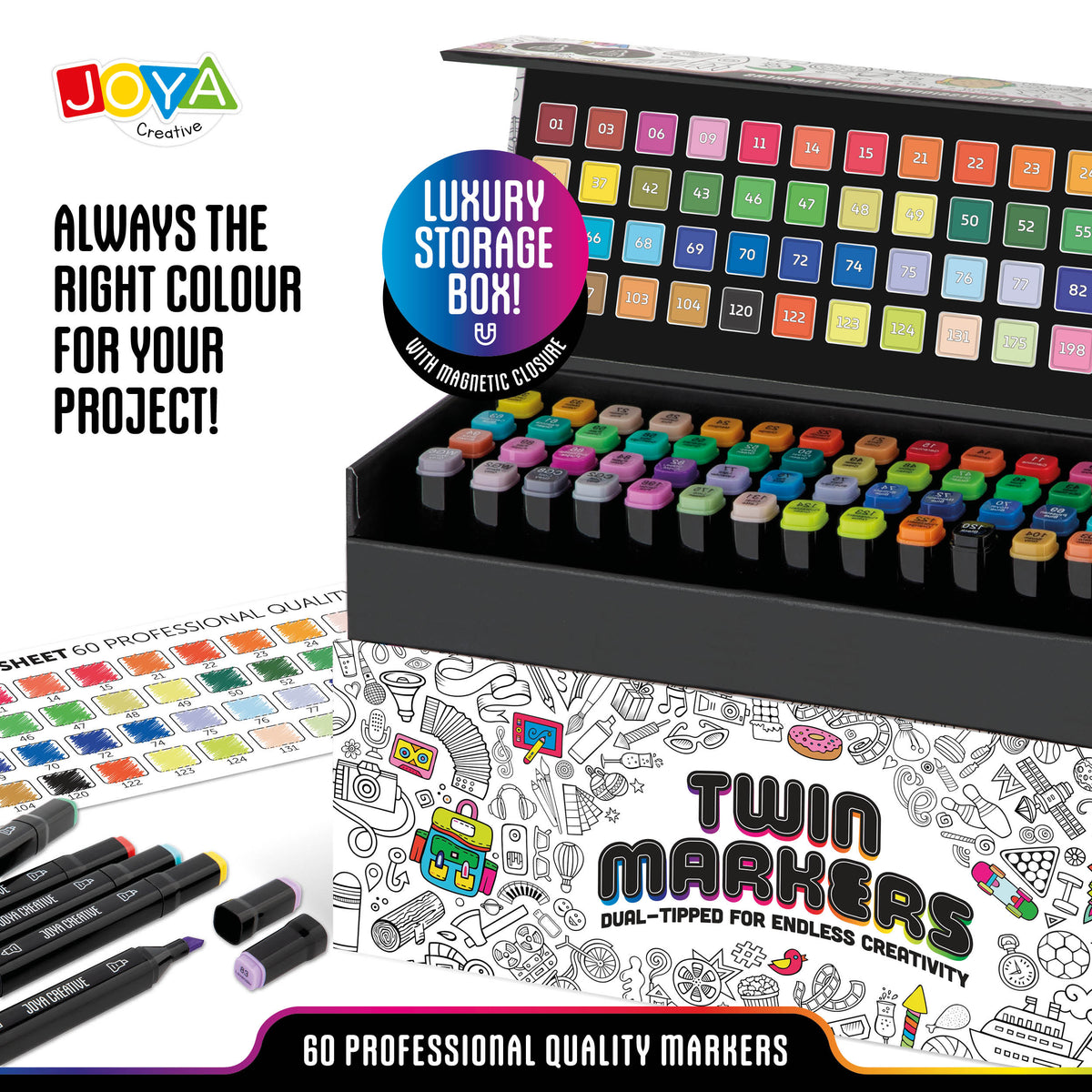 Joya Creative Twinmarkers Set 60 Pieces - Alcohol Markers for Adults and Children - Double-Sided Pens with Luxury Storage Case