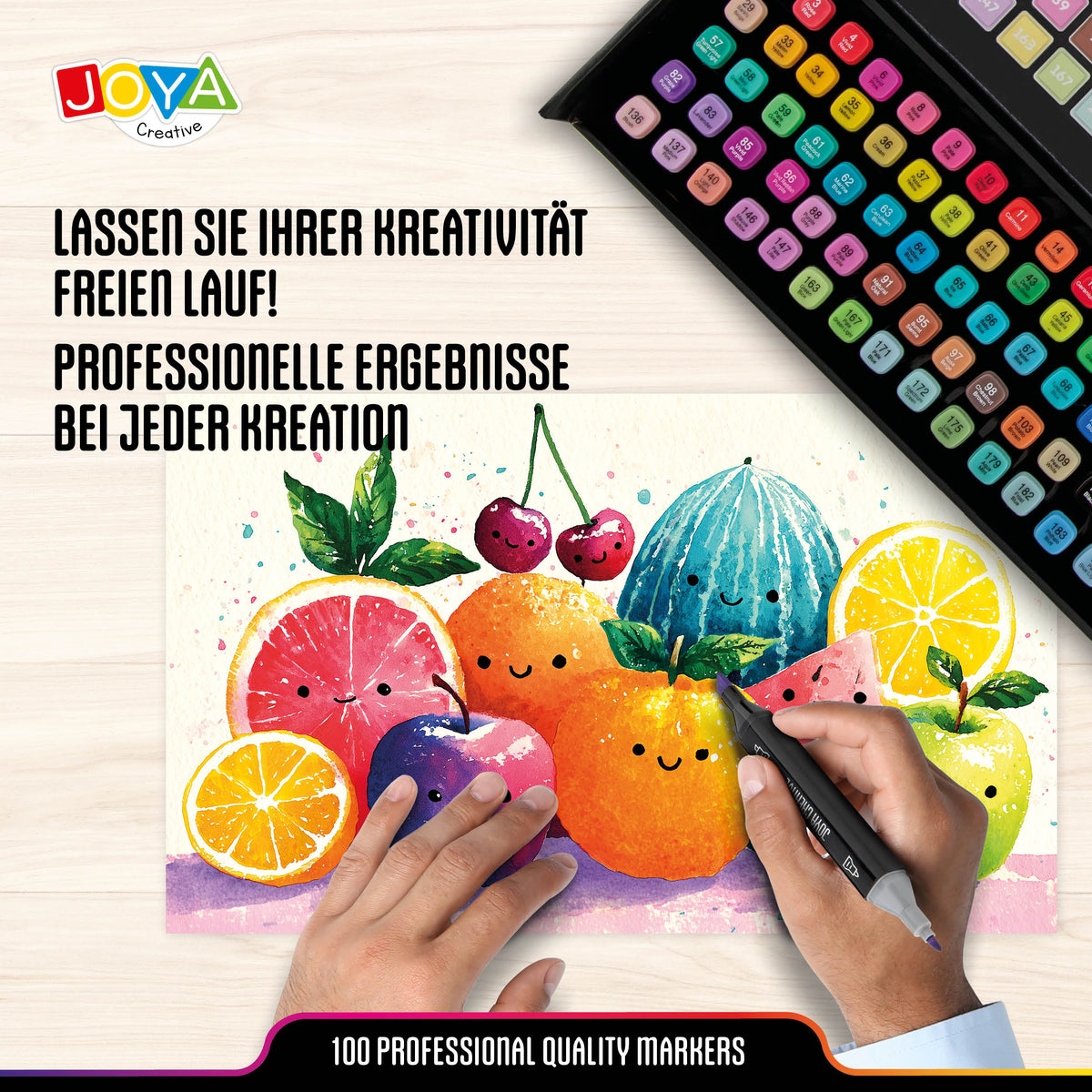 Joya Creative Twinmarkers Set 100 Stück – Alkoholmarker für Erwachsene und Kinder – Dual-Tip Stifte – Feine und Breite Spitze – Luxuriöser Aufbewahrungskoffer