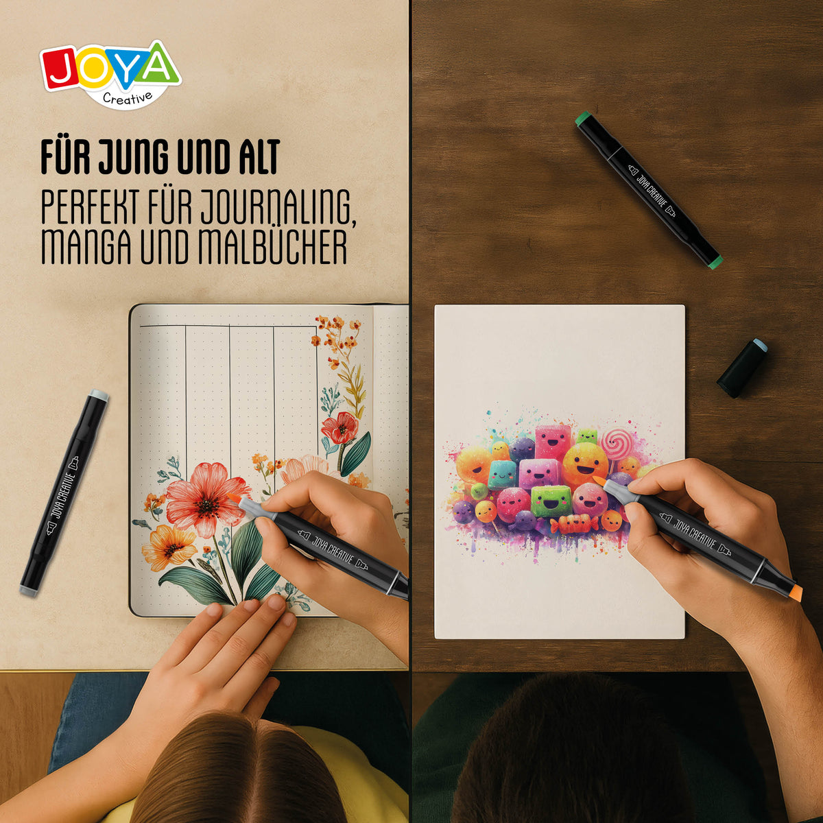 Joya Creative Twinmarkers Set 100 Stück – Alkoholmarker für Erwachsene und Kinder – Dual-Tip Stifte – Feine und Breite Spitze – Luxuriöser Aufbewahrungskoffer