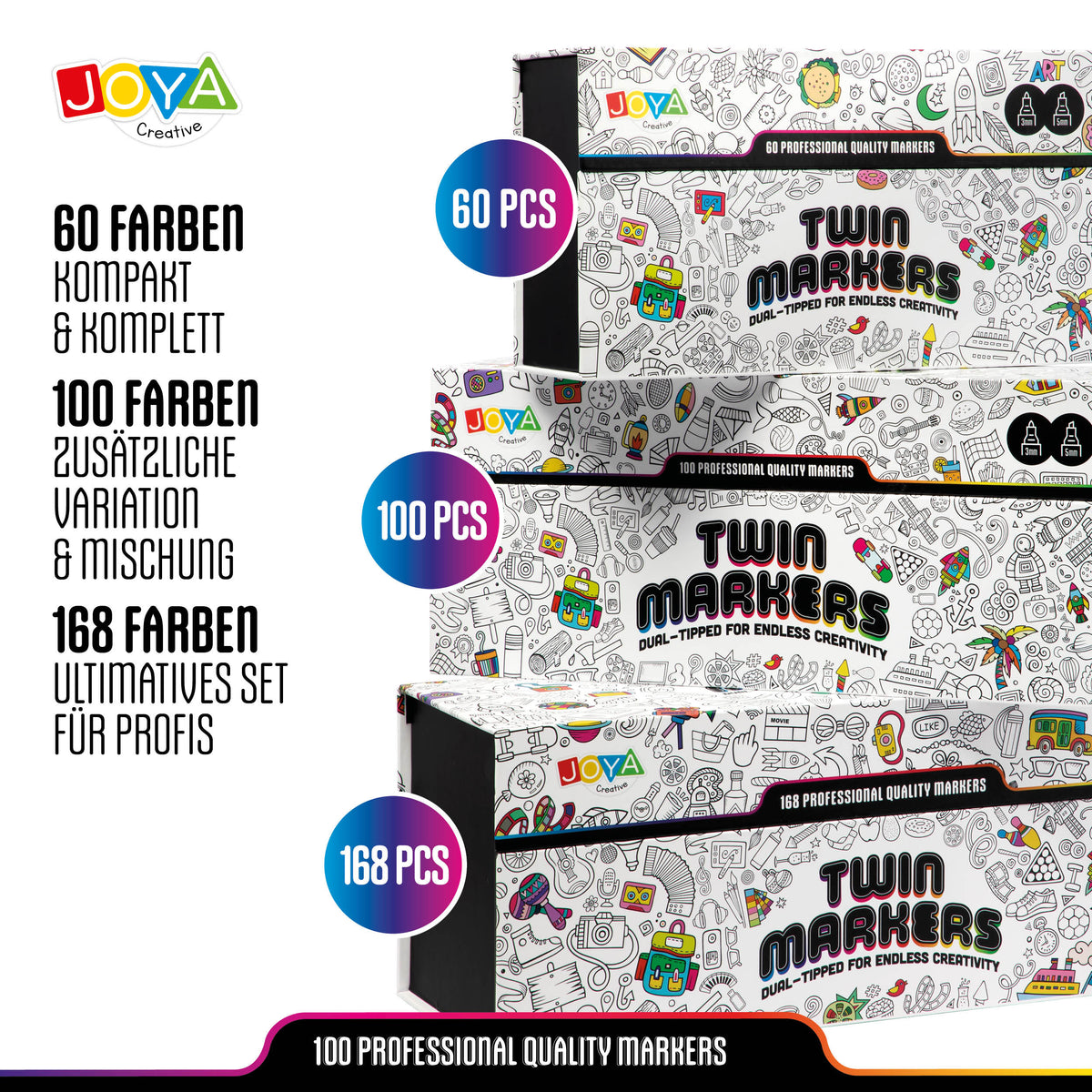 Joya Creative Twinmarkers Set 100 Stück – Alkoholmarker für Erwachsene und Kinder – Dual-Tip Stifte – Feine und Breite Spitze – Luxuriöser Aufbewahrungskoffer