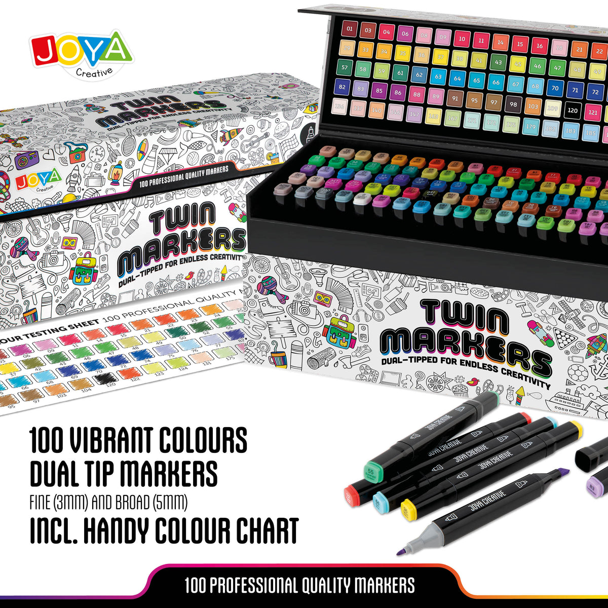 Joya Creative Twinmarkers Set 100 Pieces - Alcohol Markers for Adults and Children - Dual-Tip Pens - Fine and Broad Tip - Luxury Storage Case