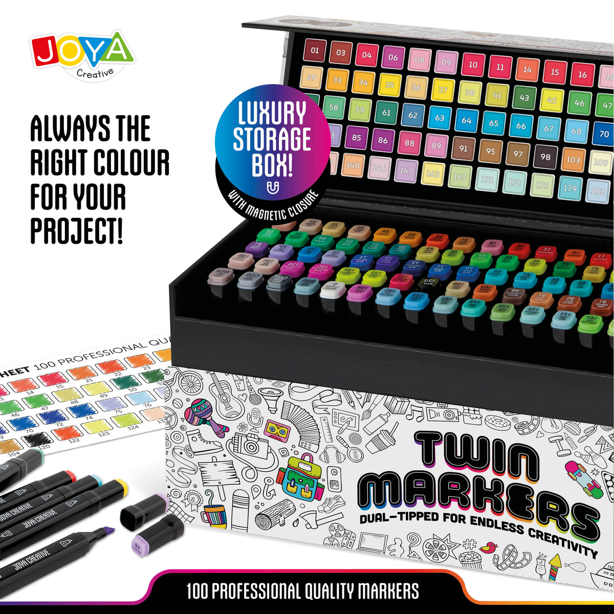 Joya Creative Twinmarkers Set 100 Pieces - Alcohol Markers for Adults and Children - Dual-Tip Pens - Fine and Broad Tip - Luxury Storage Case