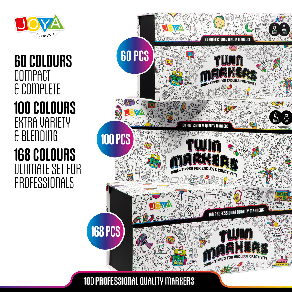 Joya Creative Twinmarkers Set 100 Pieces - Alcohol Markers for Adults and Children - Dual-Tip Pens - Fine and Broad Tip - Luxury Storage Case