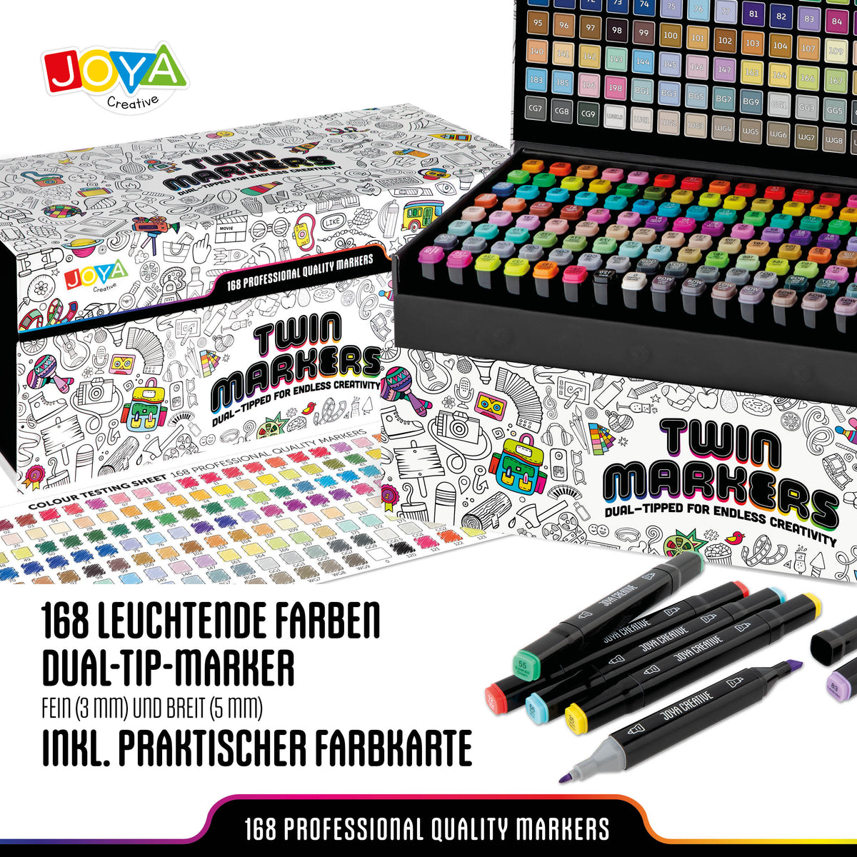 Joya Creative Twinmarkers Set 168 Stück - Alkoholmarker mit Dual-Tip - Stifte für Erwachsene und Kinder - Luxuriöser Aufbewahrungskoffer