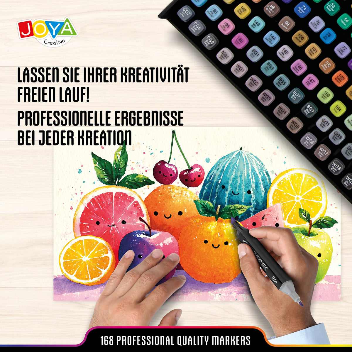 Joya Creative Twinmarkers Set 168 Stück - Alkoholmarker mit Dual-Tip - Stifte für Erwachsene und Kinder - Luxuriöser Aufbewahrungskoffer