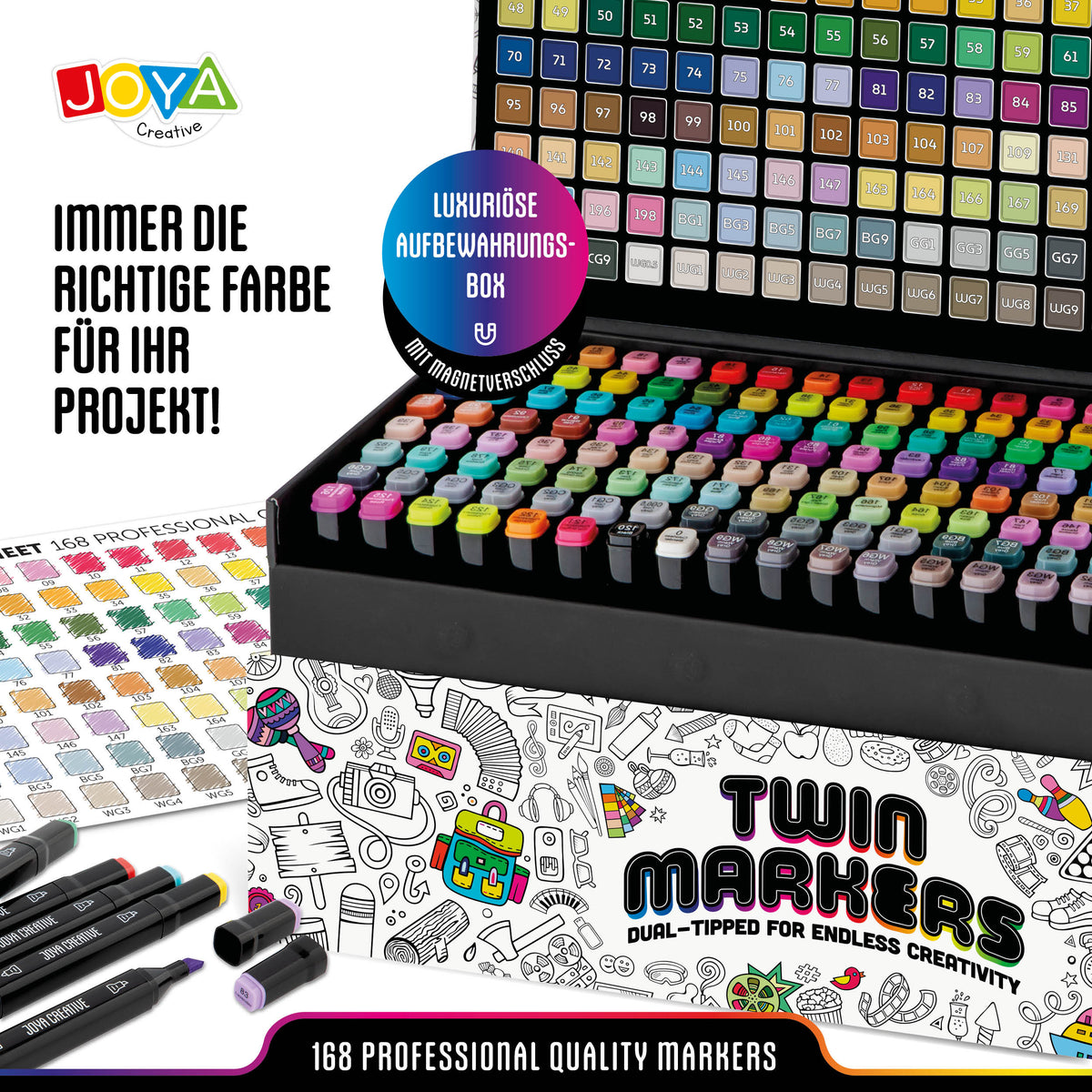 Joya Creative Twinmarkers Set 168 Stück - Alkoholmarker mit Dual-Tip - Stifte für Erwachsene und Kinder - Luxuriöser Aufbewahrungskoffer