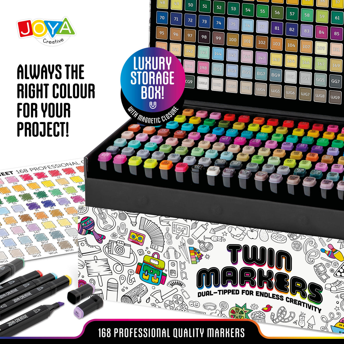 Joya Creative Twin Markers Set 168 Pieces - Alcohol Markers with Dual-Tip - Markers for Adults and Children - Luxury Storage Case