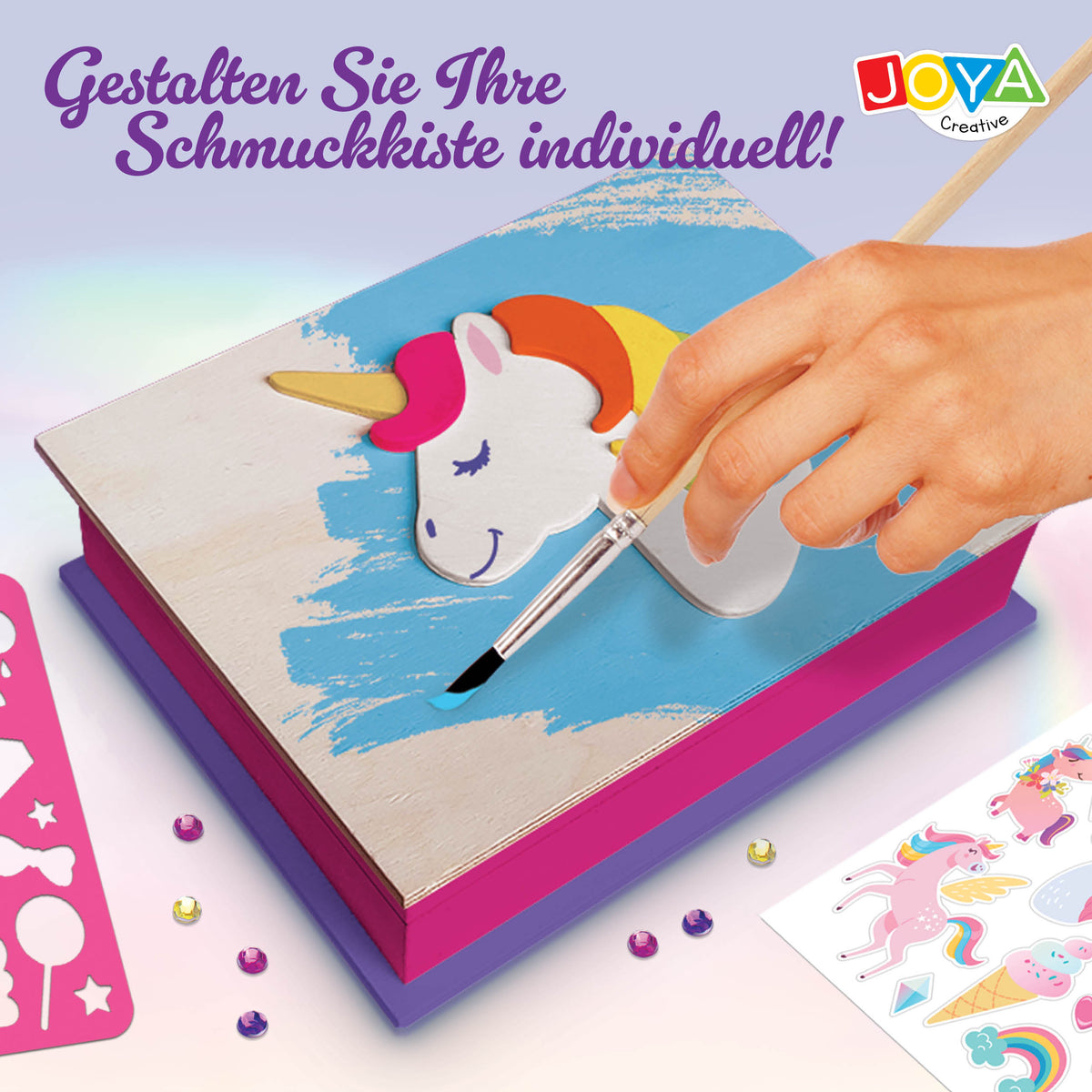 Joya Creative Einhorn Bastelset 4-in-1 – Malen, Stickern, Pixel Art und Schmuckkästchen Verzieren