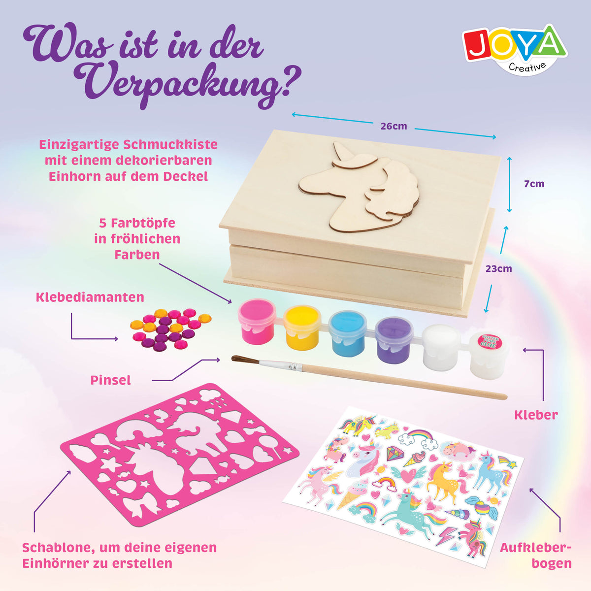 Joya Creative Einhorn Bastelset 4-in-1 – Malen, Stickern, Pixel Art und Schmuckkästchen Verzieren