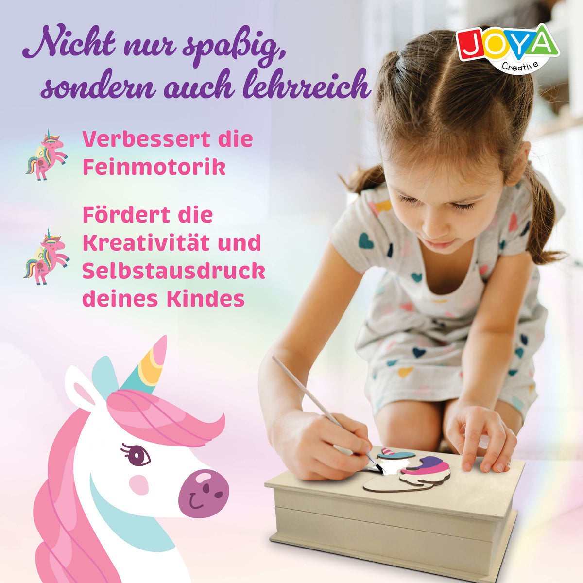 Joya Creative Einhorn Bastelset 4-in-1 – Malen, Stickern, Pixel Art und Schmuckkästchen Verzieren