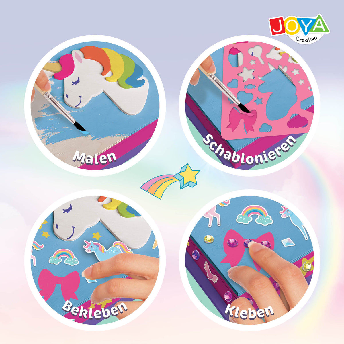 Joya Creative Einhorn Bastelset 4-in-1 – Malen, Stickern, Pixel Art und Schmuckkästchen Verzieren