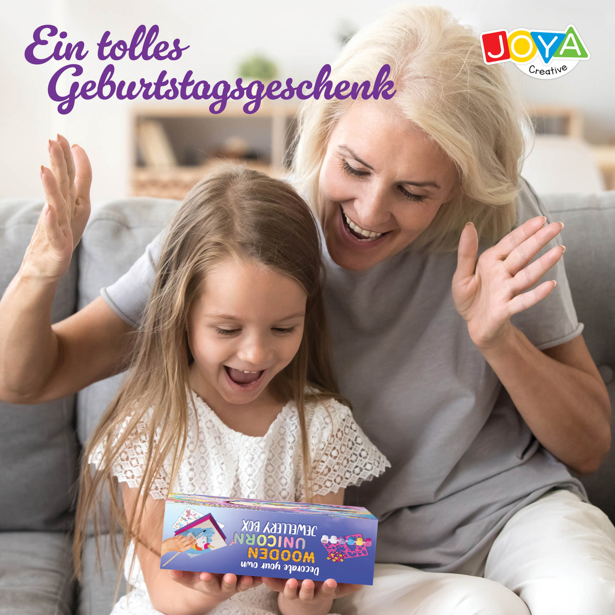 Joya Creative Einhorn Bastelset 4-in-1 – Malen, Stickern, Pixel Art und Schmuckkästchen Verzieren