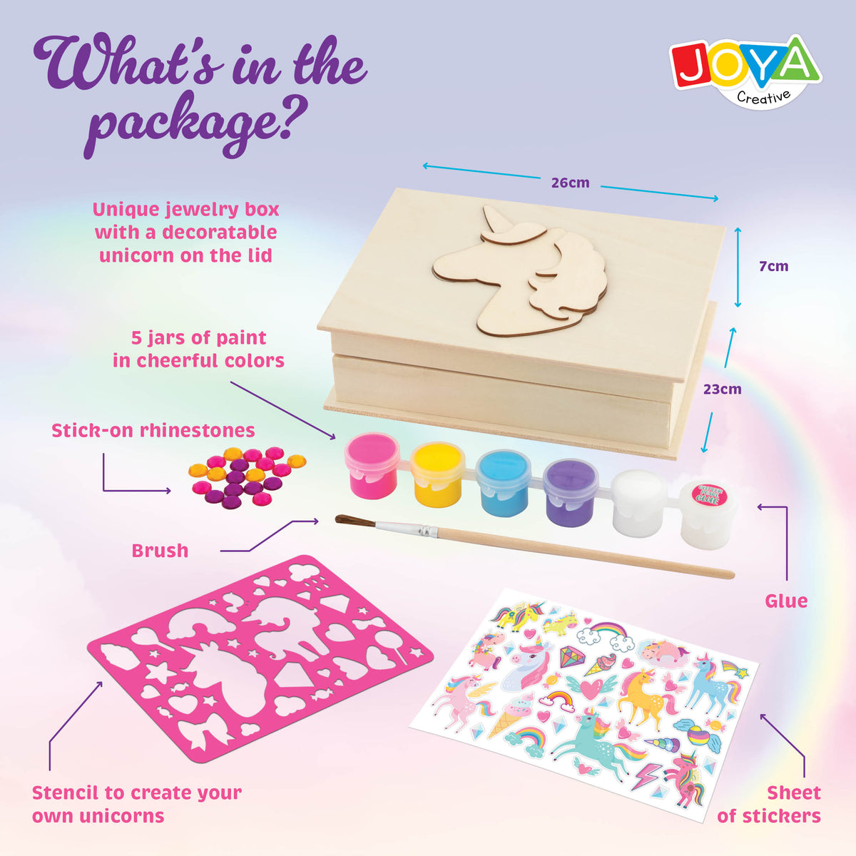 Joya Creative Unicorn Craft Kit 4-in-1 – Painting, Sticker Art, Pixel Art and Jewelry Box Decorating