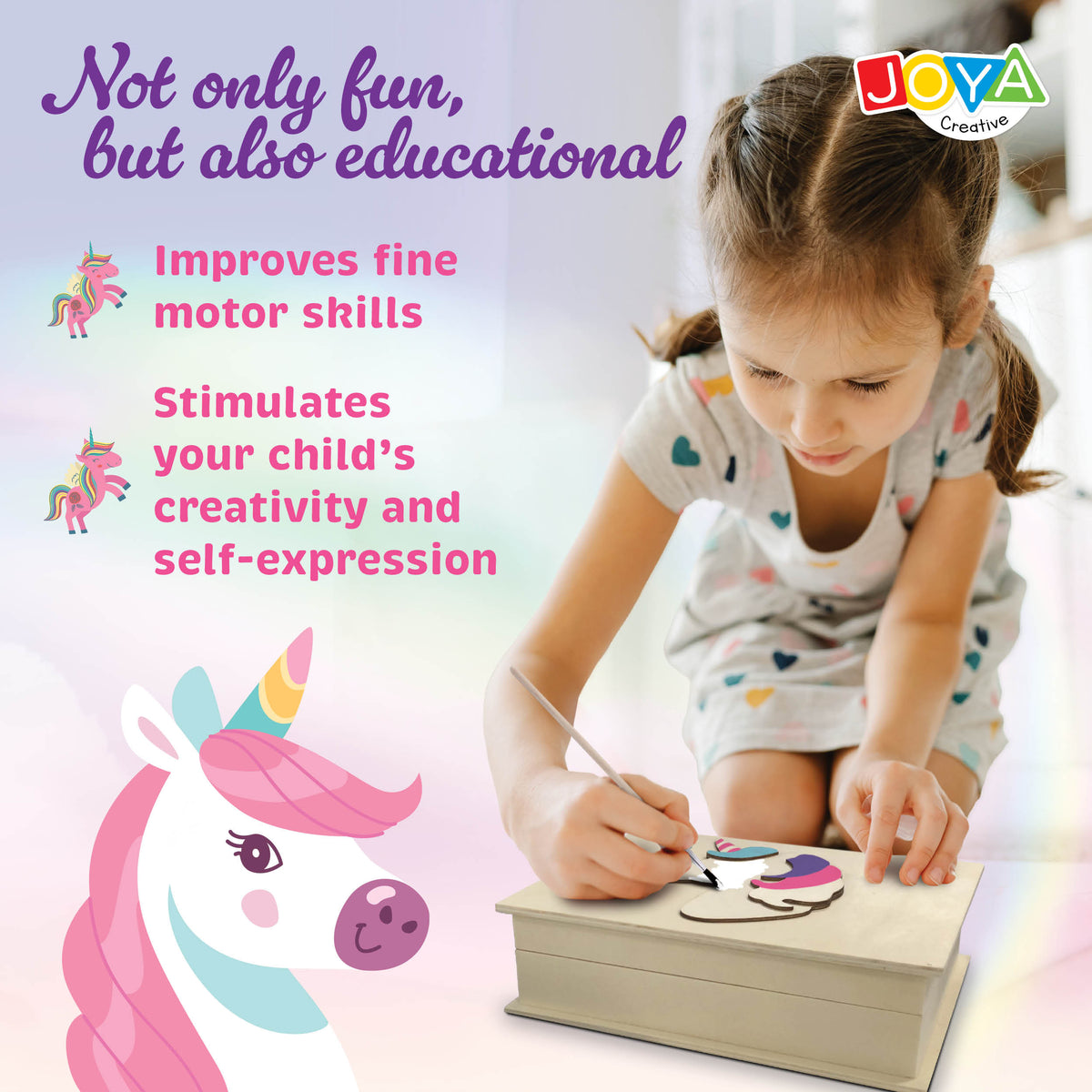 Joya Creative Unicorn Craft Kit 4-in-1 – Painting, Sticker Art, Pixel Art and Jewelry Box Decorating
