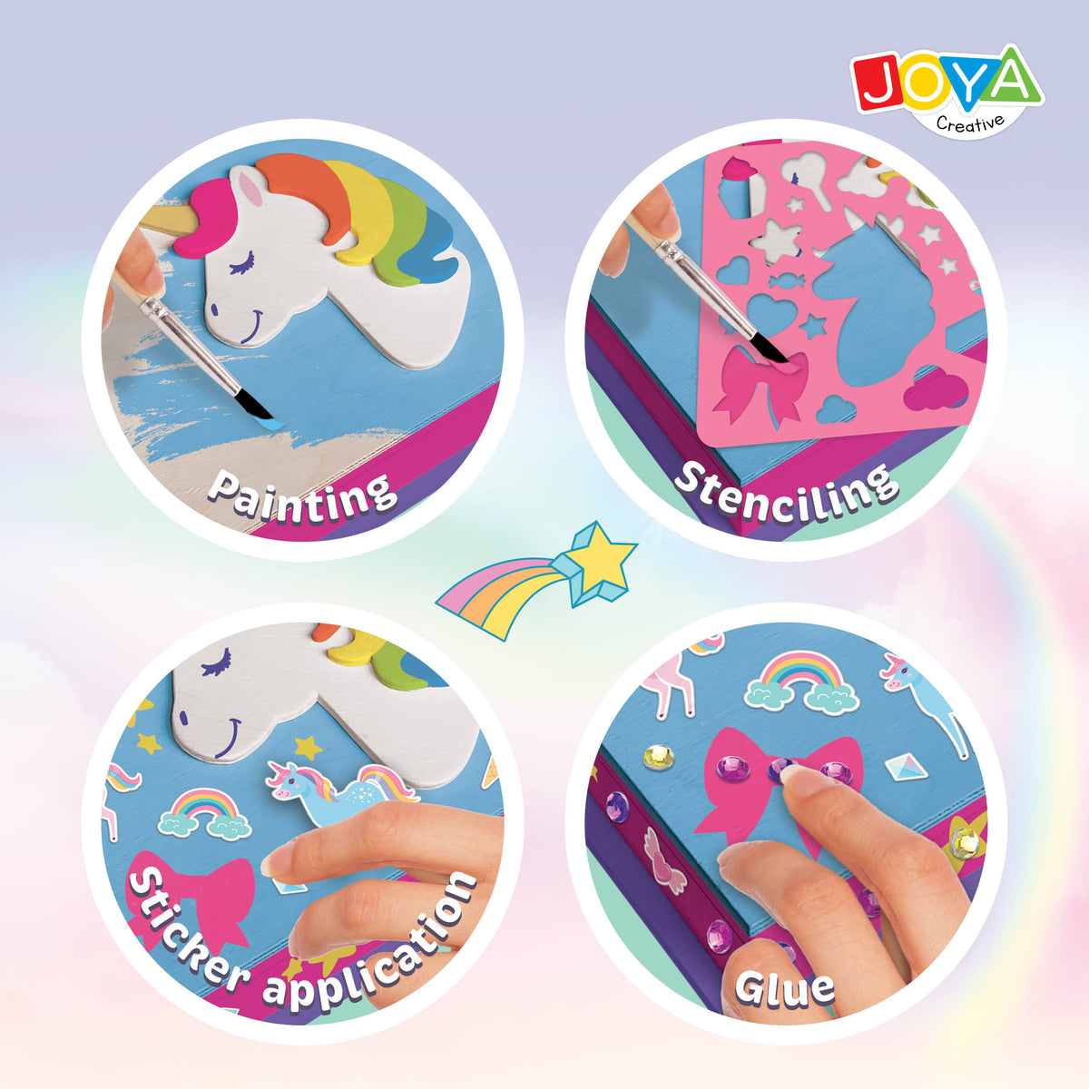 Joya Creative Unicorn Craft Kit 4-in-1 – Painting, Sticker Art, Pixel Art and Jewelry Box Decorating