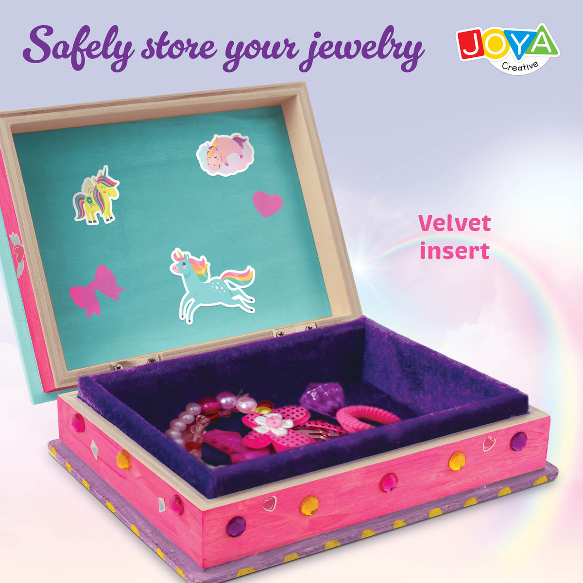 Joya Creative Unicorn Craft Kit 4-in-1 – Painting, Sticker Art, Pixel Art and Jewelry Box Decorating